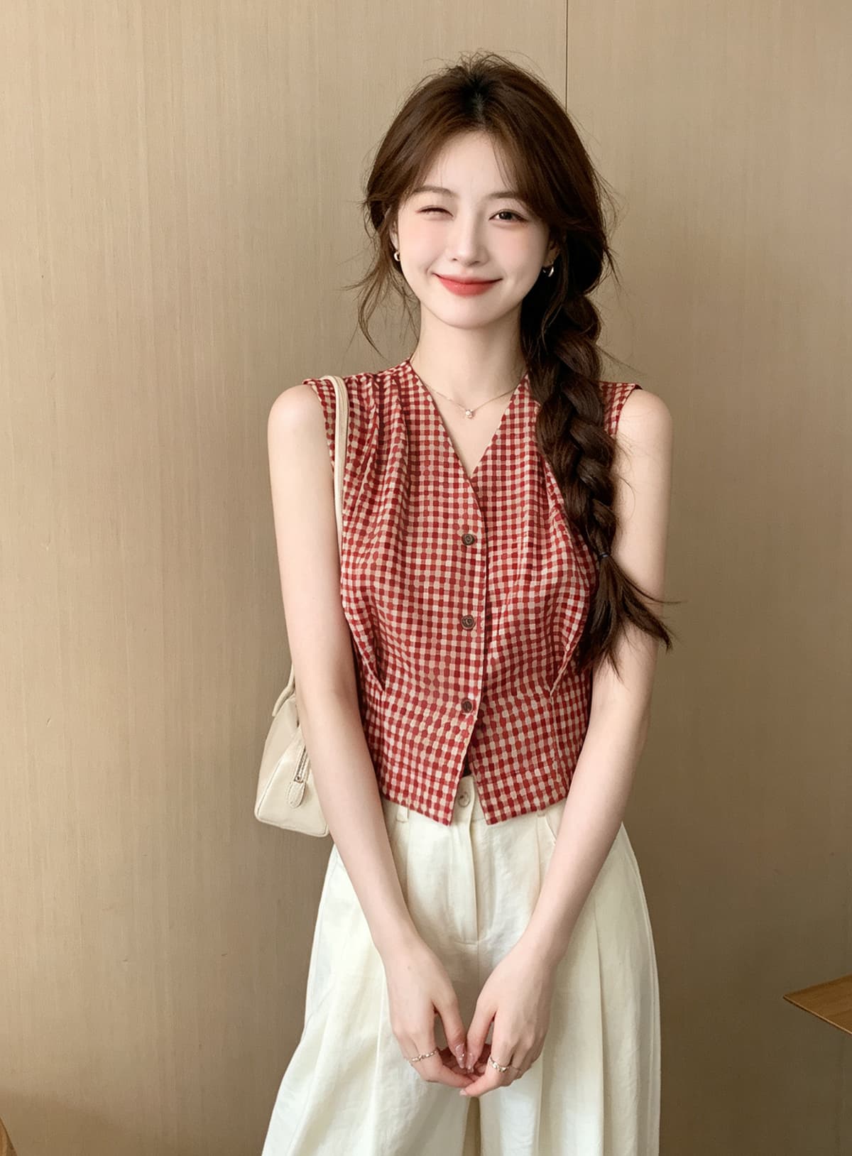 레트로 스타일 항구 바람 체크무늬 작은 키 V넥 민소매 셔츠 2026 여름 새로운 허리 수축 단추 맨위 작은 셔츠 상세 이미지 5