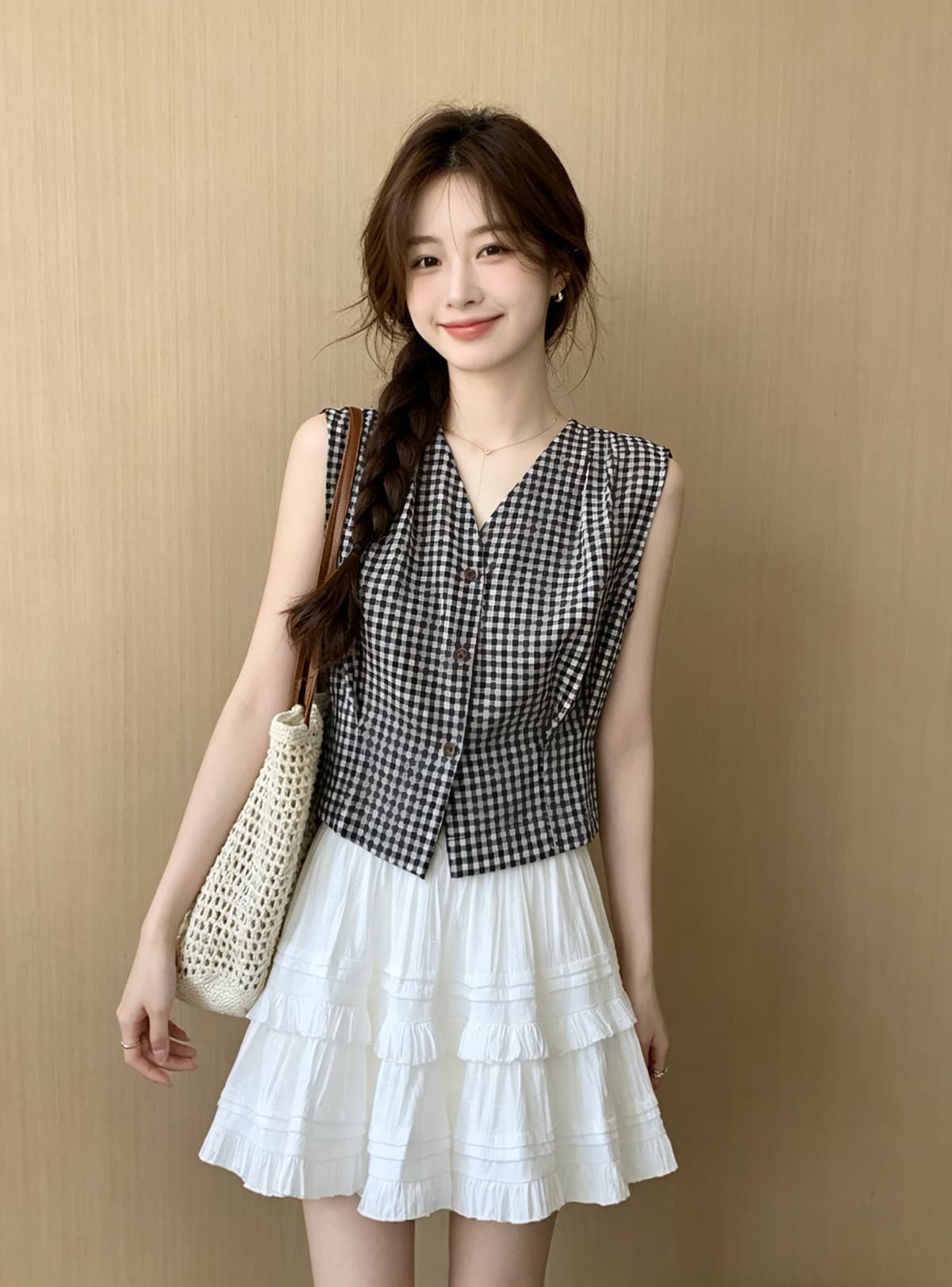 레트로 스타일 항구 바람 체크무늬 작은 키 V넥 민소매 셔츠 2026 여름 새로운 허리 수축 단추 맨위 작은 셔츠 상세 이미지 6