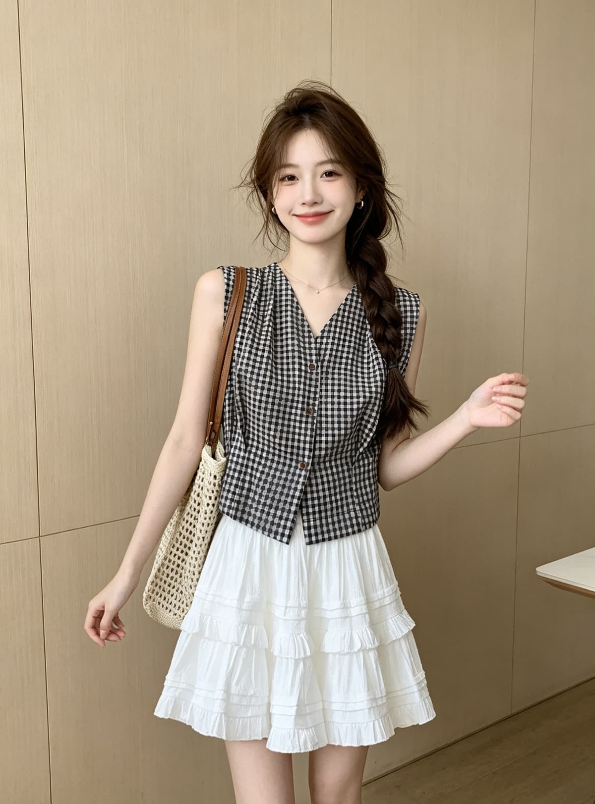 레트로 스타일 항구 바람 체크무늬 작은 키 V넥 민소매 셔츠 2026 여름 새로운 허리 수축 단추 맨위 작은 셔츠 상세 이미지 8