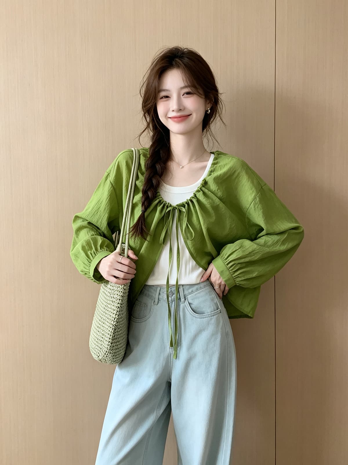 펌프 로프 레이스업 마 재료 얇은 스타일 태양 보호 셔츠 화이트 투피스 조끼 여름 새로운 패션 루즈핏 숄 세트 이미지 2
