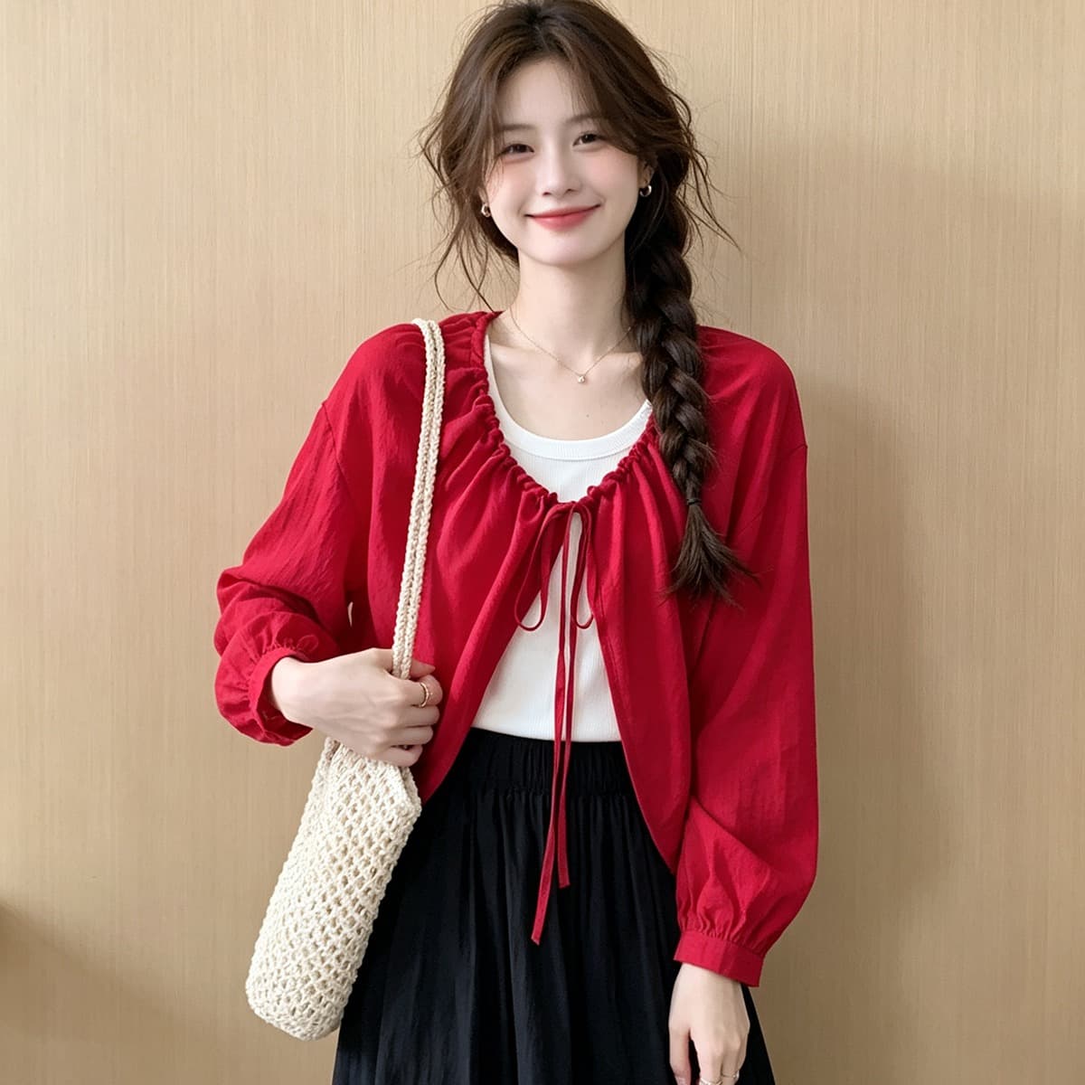 펌프 로프 레이스업 마 재료 얇은 스타일 태양 보호 셔츠 화이트 투피스 조끼 여름 새로운 패션 루즈핏 숄 세트 이미지 5