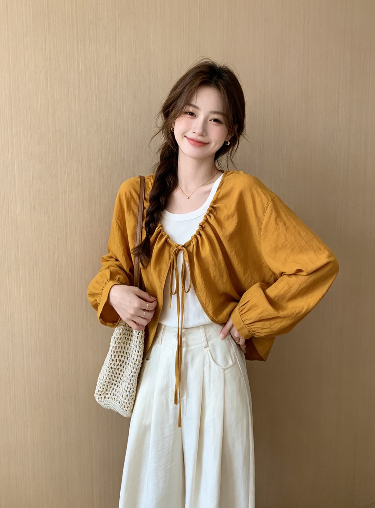펌프 로프 레이스업 마 재료 얇은 스타일 태양 보호 셔츠 화이트 투피스 조끼 여름 새로운 패션 루즈핏 숄 세트 상세 이미지 1