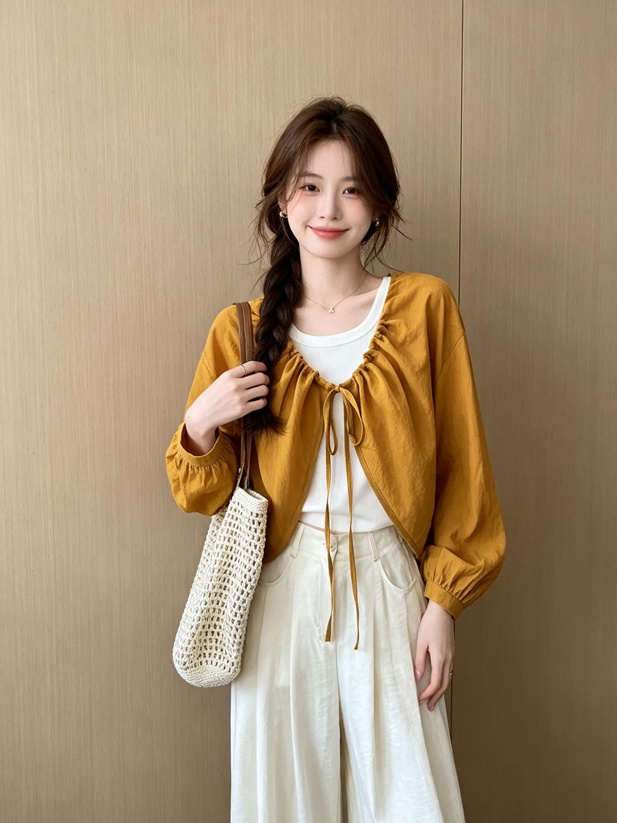펌프 로프 레이스업 마 재료 얇은 스타일 태양 보호 셔츠 화이트 투피스 조끼 여름 새로운 패션 루즈핏 숄 세트 상세 이미지 4