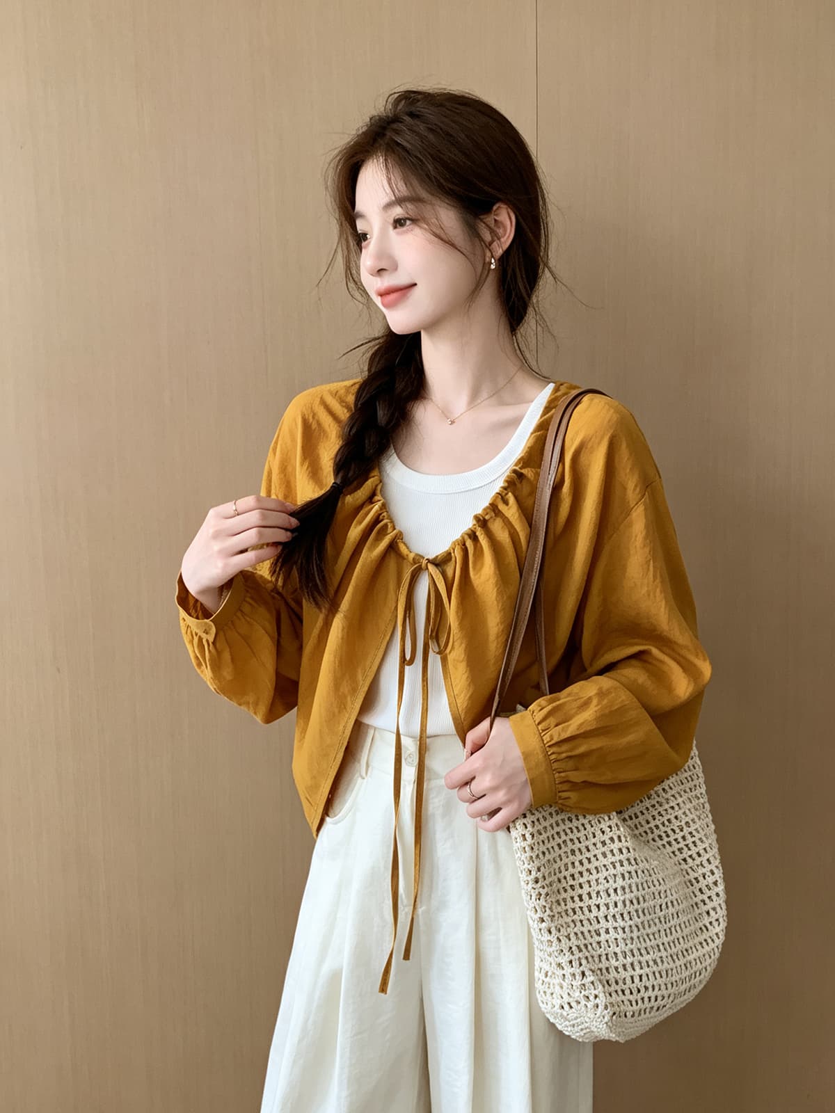 펌프 로프 레이스업 마 재료 얇은 스타일 태양 보호 셔츠 화이트 투피스 조끼 여름 새로운 패션 루즈핏 숄 세트 상세 이미지 5
