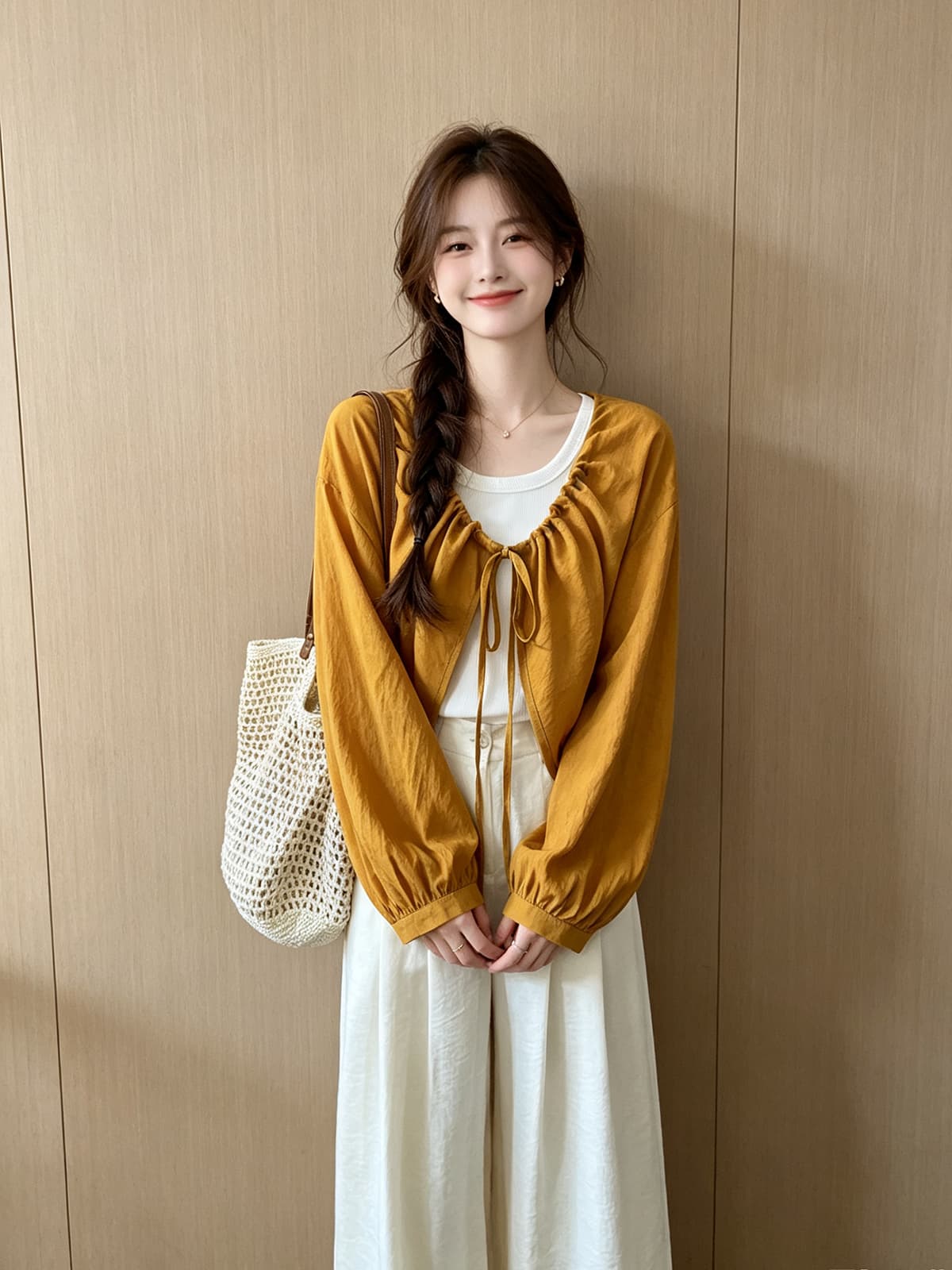 펌프 로프 레이스업 마 재료 얇은 스타일 태양 보호 셔츠 화이트 투피스 조끼 여름 새로운 패션 루즈핏 숄 세트 상세 이미지 6