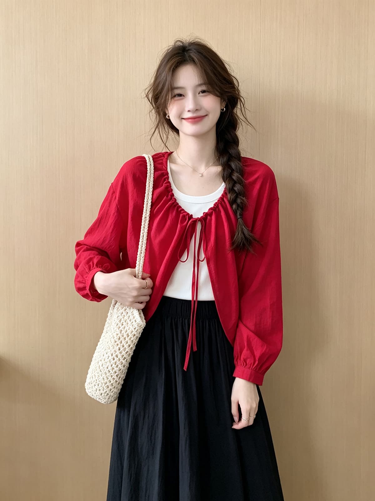 펌프 로프 레이스업 마 재료 얇은 스타일 태양 보호 셔츠 화이트 투피스 조끼 여름 새로운 패션 루즈핏 숄 세트 상세 이미지 7