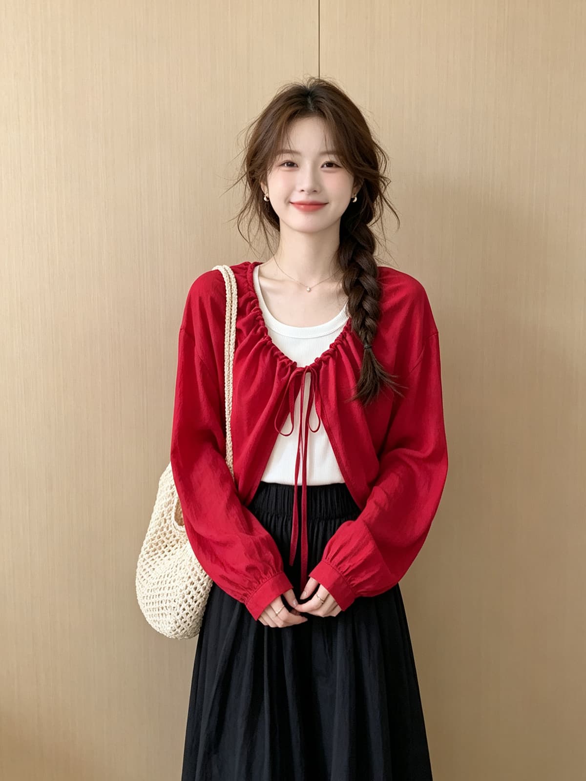 펌프 로프 레이스업 마 재료 얇은 스타일 태양 보호 셔츠 화이트 투피스 조끼 여름 새로운 패션 루즈핏 숄 세트 상세 이미지 8