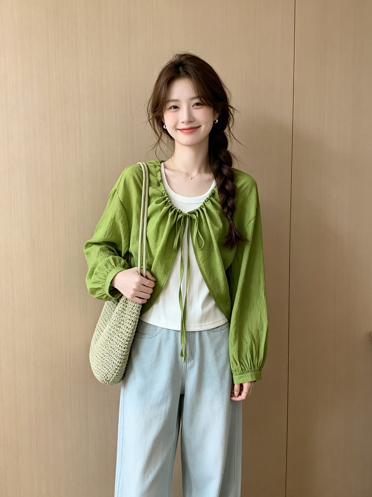 펌프 로프 레이스업 마 재료 얇은 스타일 태양 보호 셔츠 화이트 투피스 조끼 여름 새로운 패션 루즈핏 숄 세트 상세 이미지 10