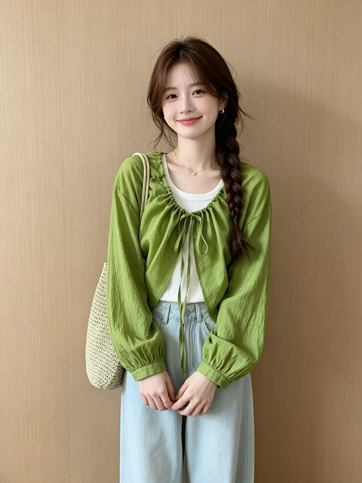 펌프 로프 레이스업 마 재료 얇은 스타일 태양 보호 셔츠 화이트 투피스 조끼 여름 새로운 패션 루즈핏 숄 세트 상세 이미지 11