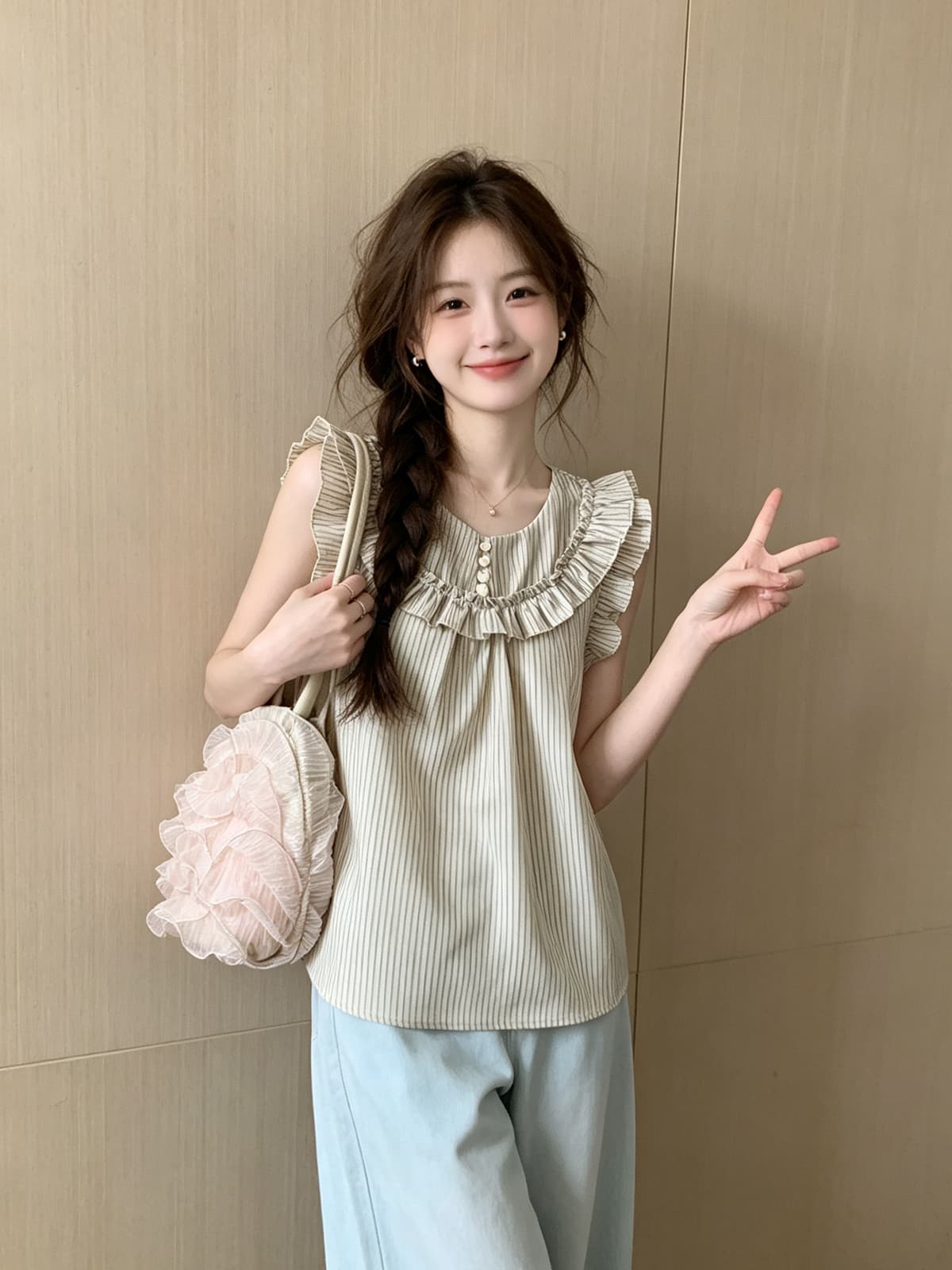 한 부서 바람 박하 녹색 체크무늬 프릴 맨위 여성 2026 여름 신선함 연령 감소 소녀 바람 민소매 조끼 이미지 4