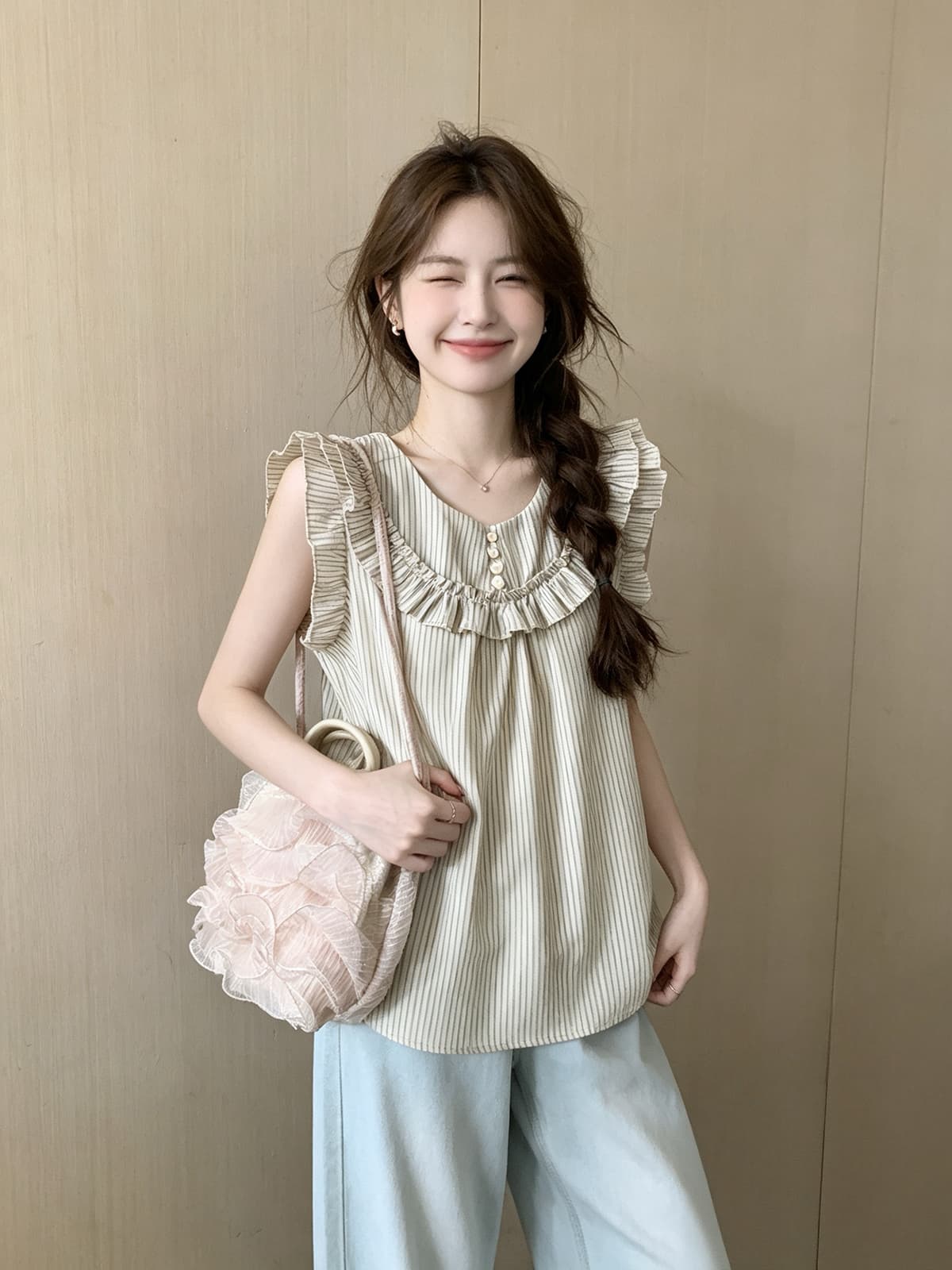 한 부서 바람 박하 녹색 체크무늬 프릴 맨위 여성 2026 여름 신선함 연령 감소 소녀 바람 민소매 조끼 상세 이미지 7