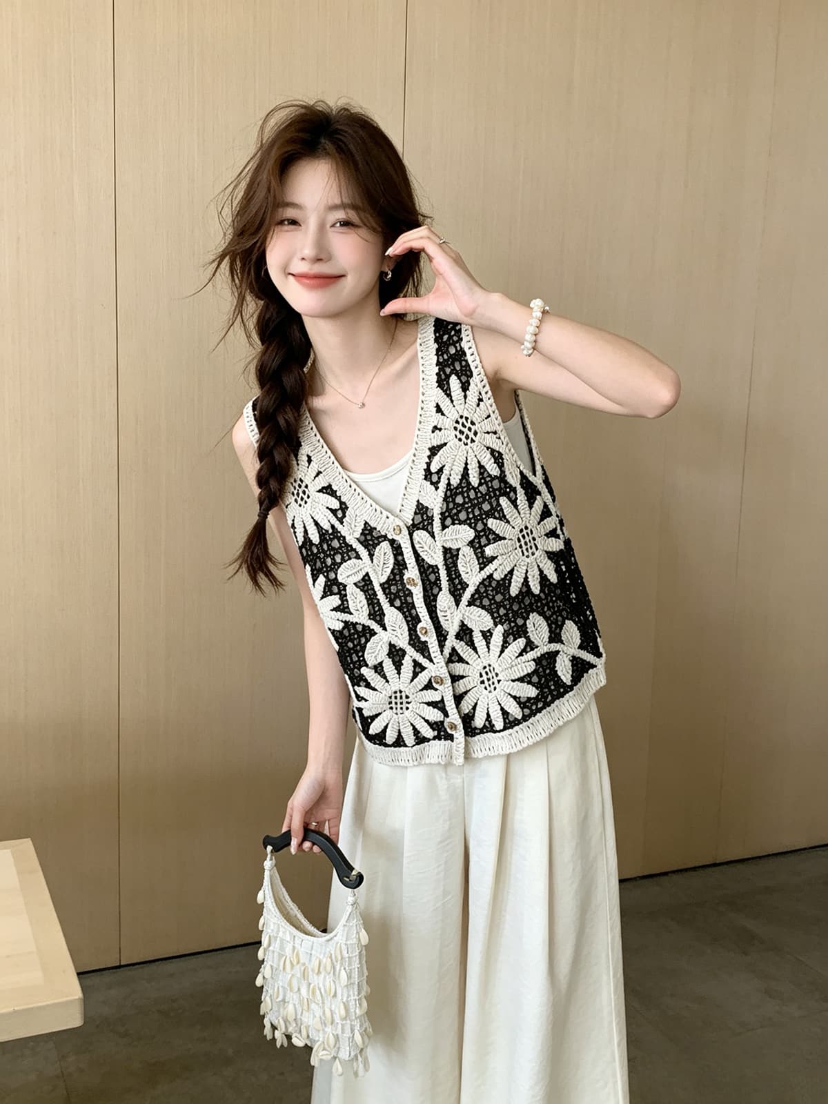 문예 바람 V넥 민소매 싱글 줄 버튼 조끼 슬립 투피스 세트 여름 새로운 태양 꽃 패치워크 색상 셔츠 맨위 이미지 3