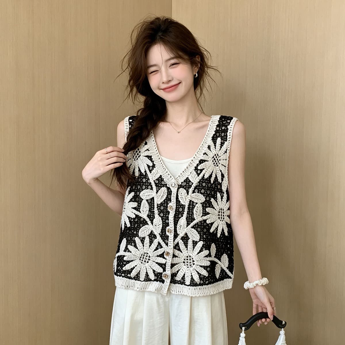 문예 바람 V넥 민소매 싱글 줄 버튼 조끼 슬립 투피스 세트 여름 새로운 태양 꽃 패치워크 색상 셔츠 맨위 이미지 5