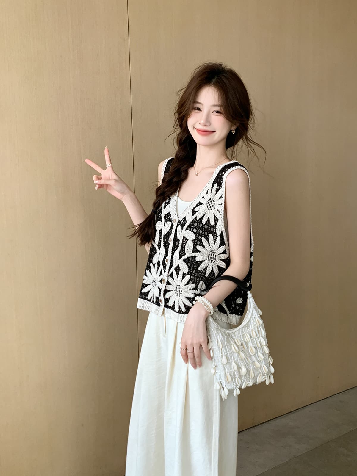 문예 바람 V넥 민소매 싱글 줄 버튼 조끼 슬립 투피스 세트 여름 새로운 태양 꽃 패치워크 색상 셔츠 맨위 상세 이미지 5
