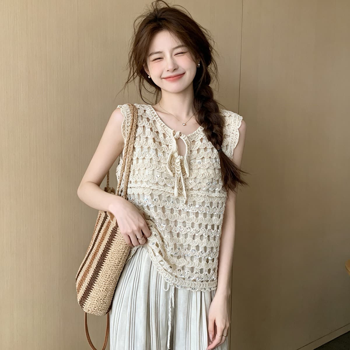 한 부서 홀로우 아웃 스팽글 귀여운 나비 매듭 민소매 조끼 화이트 슬립 투피스 세트 여름 새로운 연령 감소 세트 이미지 5