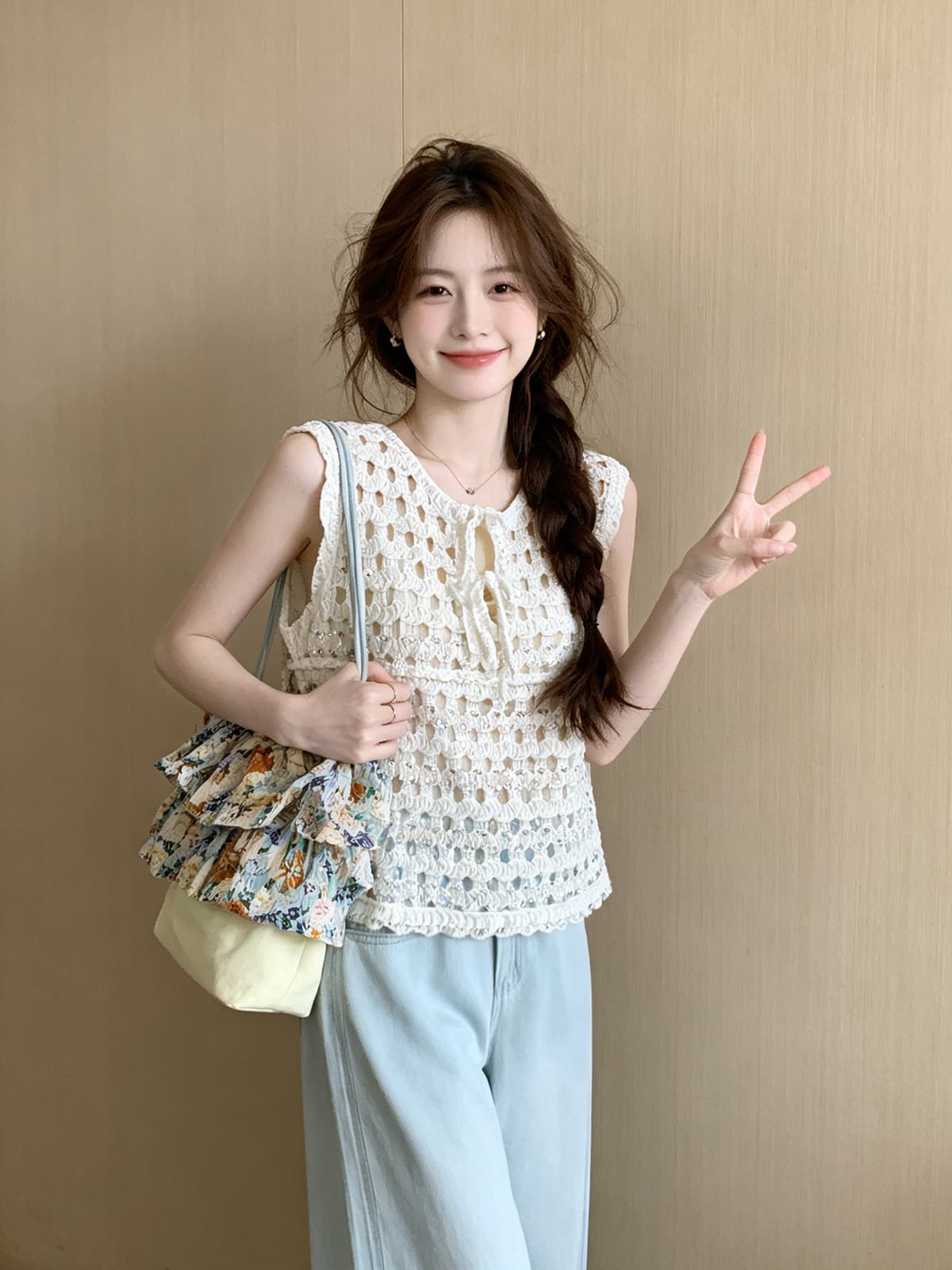한 부서 홀로우 아웃 스팽글 귀여운 나비 매듭 민소매 조끼 화이트 슬립 투피스 세트 여름 새로운 연령 감소 세트 상세 이미지 6