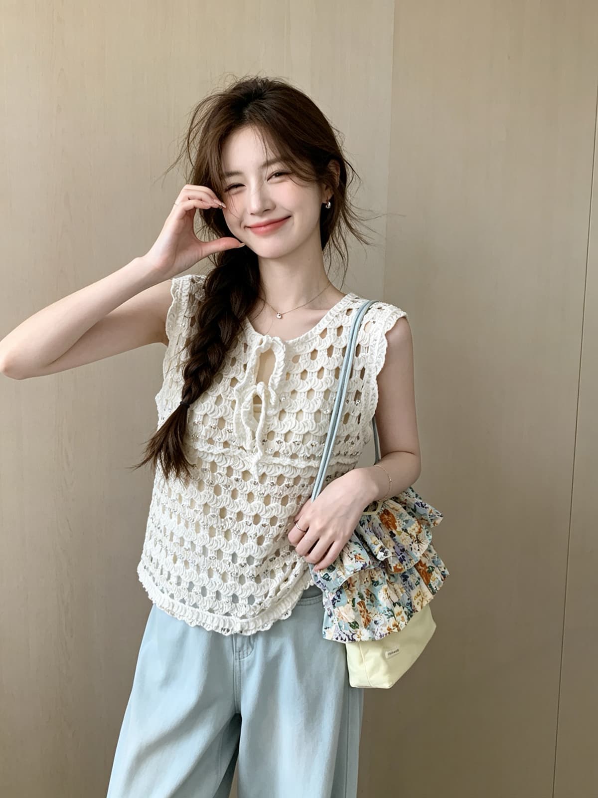 한 부서 홀로우 아웃 스팽글 귀여운 나비 매듭 민소매 조끼 화이트 슬립 투피스 세트 여름 새로운 연령 감소 세트 상세 이미지 7