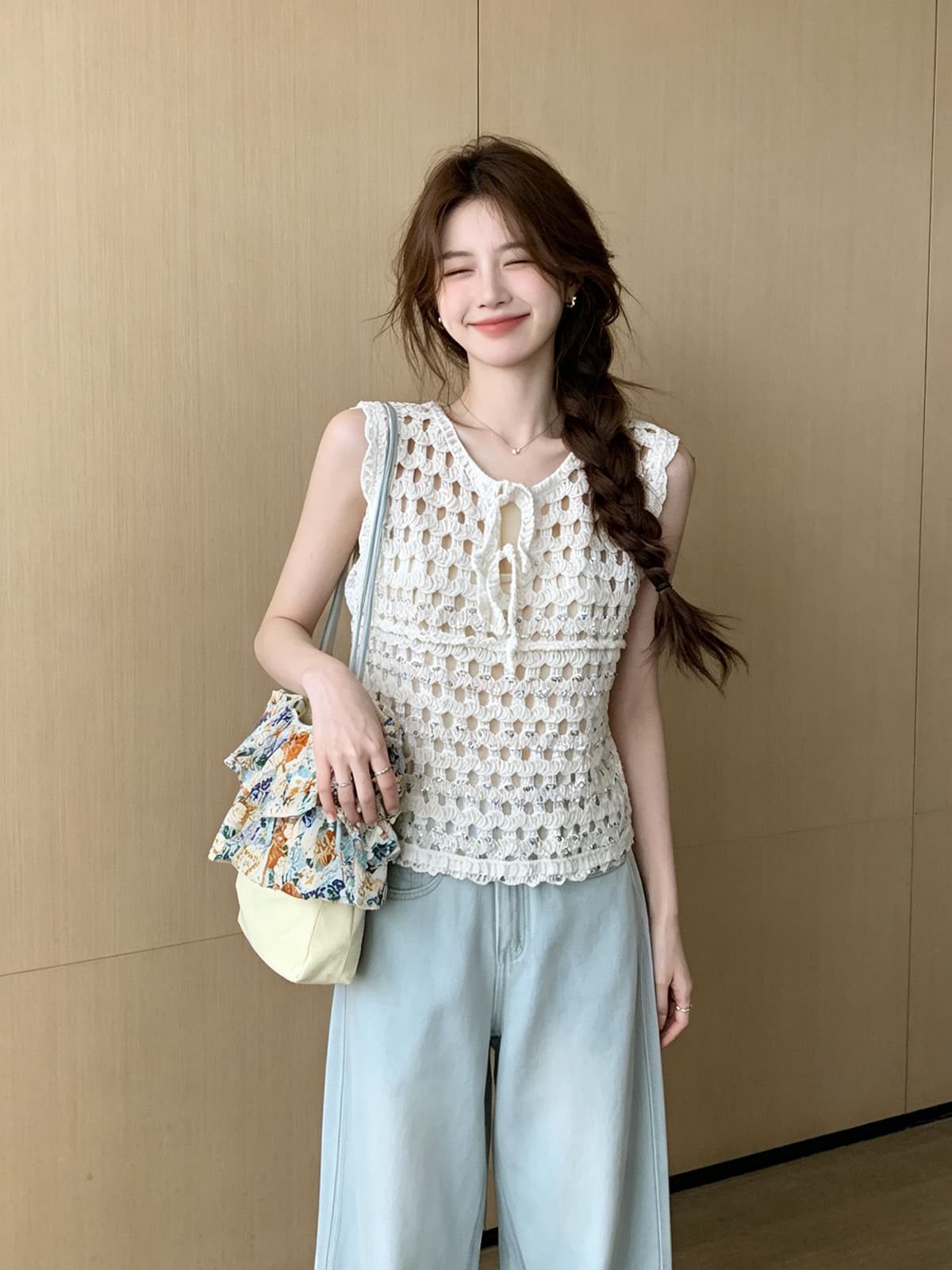 한 부서 홀로우 아웃 스팽글 귀여운 나비 매듭 민소매 조끼 화이트 슬립 투피스 세트 여름 새로운 연령 감소 세트 상세 이미지 8