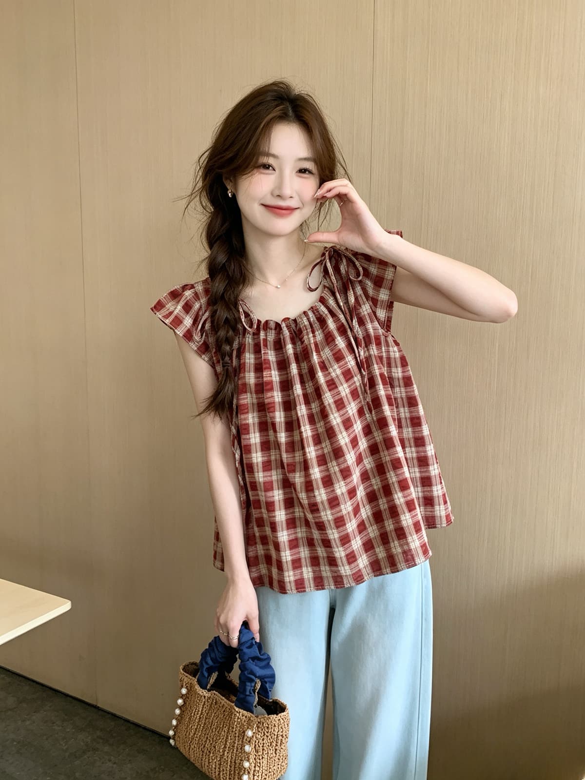 레트로 체크무늬 펌프 로프 나비 매듭 반팔 셔츠 여름 새로운 루즈핏 슬림해 보이는 연령 감소 인형 셔츠 맨위 작은 셔츠 이미지 3
