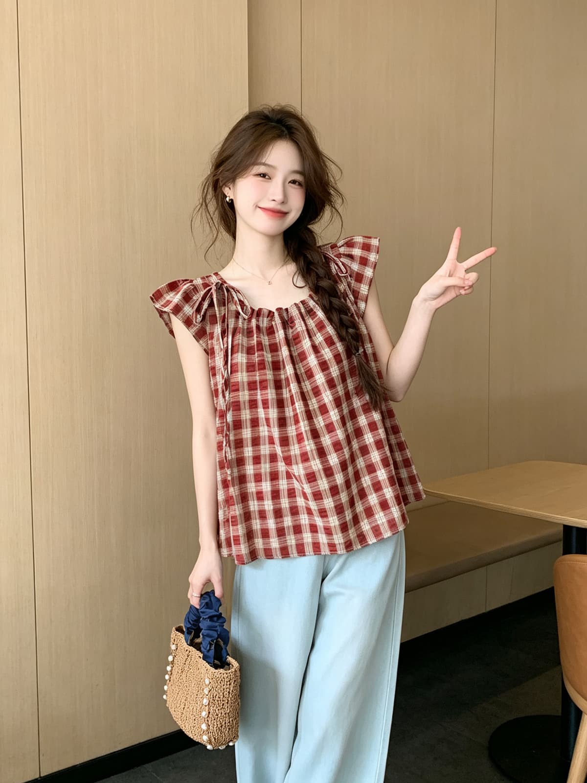 레트로 체크무늬 펌프 로프 나비 매듭 반팔 셔츠 여름 새로운 루즈핏 슬림해 보이는 연령 감소 인형 셔츠 맨위 작은 셔츠 이미지 4