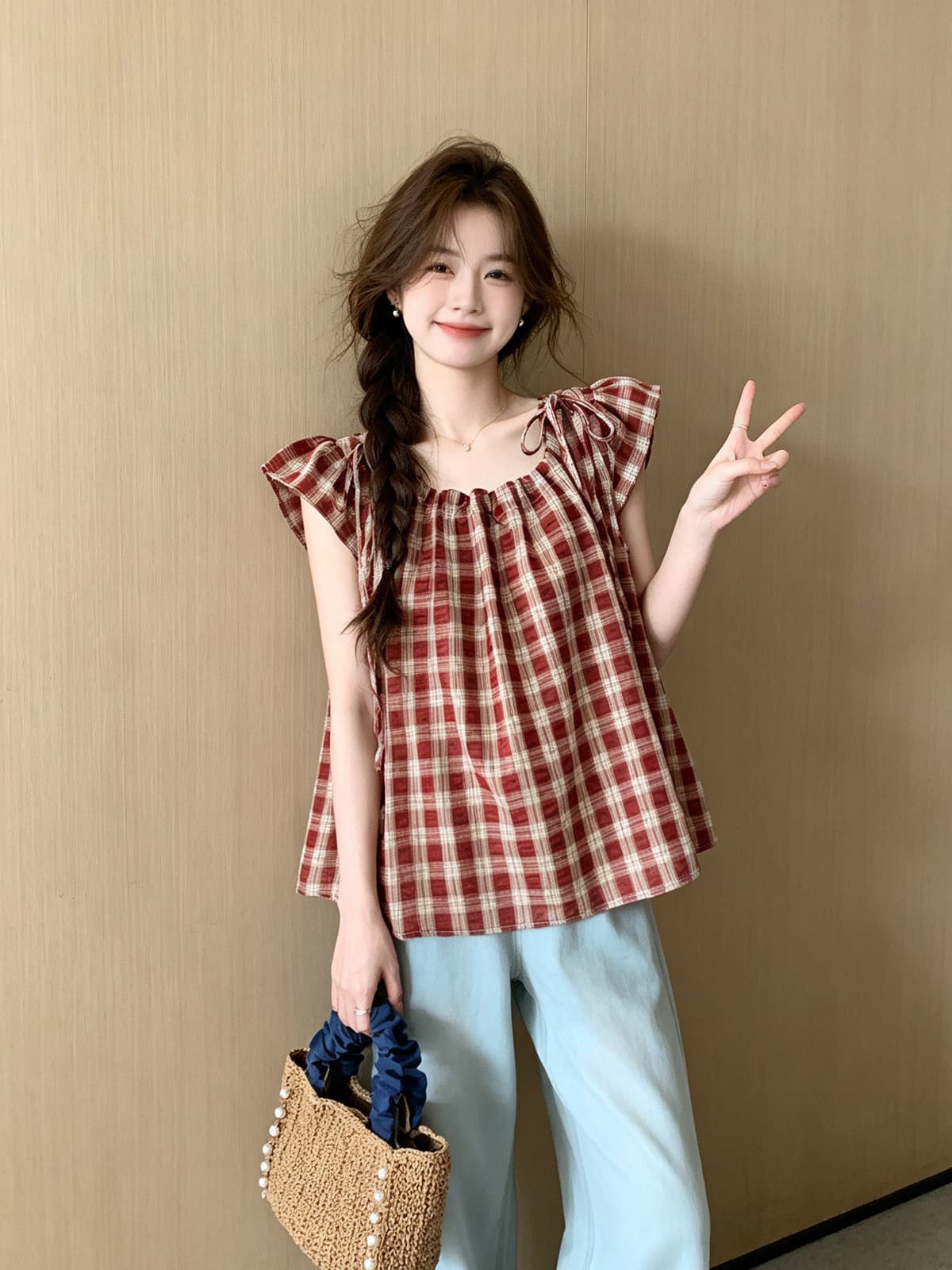 레트로 체크무늬 펌프 로프 나비 매듭 반팔 셔츠 여름 새로운 루즈핏 슬림해 보이는 연령 감소 인형 셔츠 맨위 작은 셔츠 이미지 2
