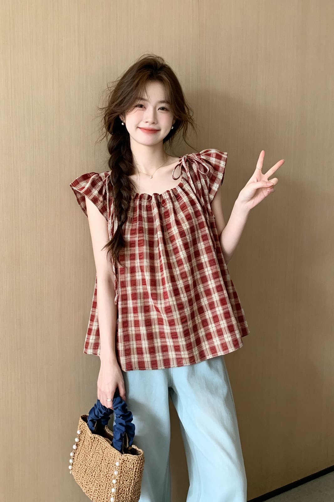 레트로 체크무늬 펌프 로프 나비 매듭 반팔 셔츠 여름 새로운 루즈핏 슬림해 보이는 연령 감소 인형 셔츠 맨위 작은 셔츠 이미지 6
