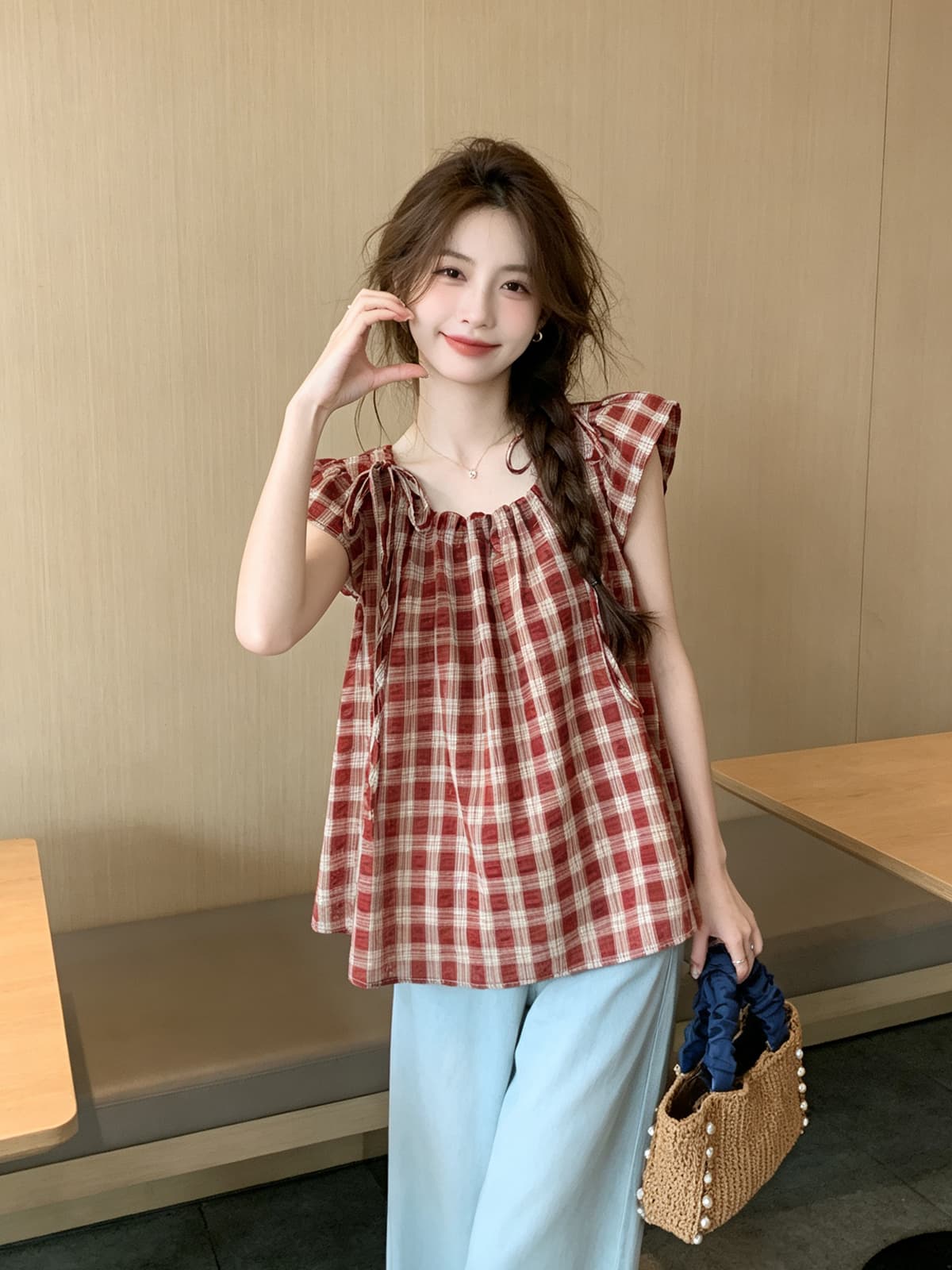 레트로 체크무늬 펌프 로프 나비 매듭 반팔 셔츠 여름 새로운 루즈핏 슬림해 보이는 연령 감소 인형 셔츠 맨위 작은 셔츠 상세 이미지 1