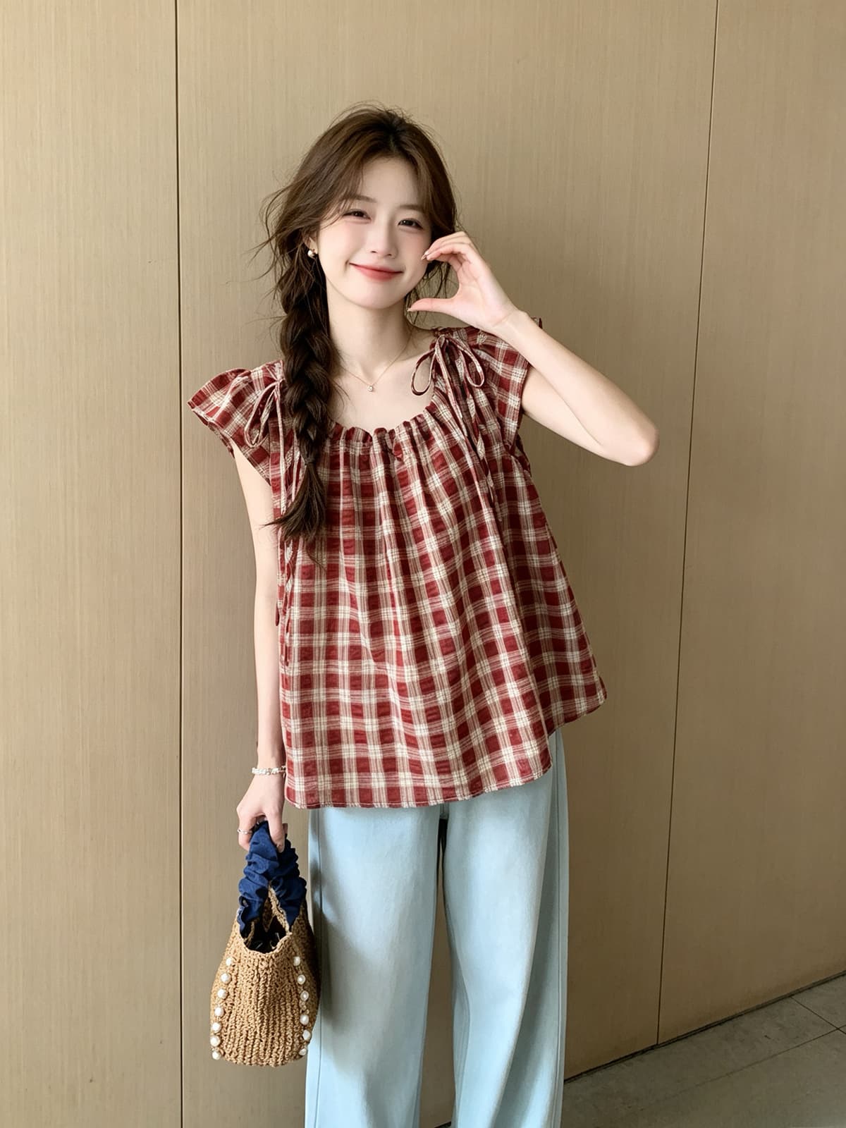 레트로 체크무늬 펌프 로프 나비 매듭 반팔 셔츠 여름 새로운 루즈핏 슬림해 보이는 연령 감소 인형 셔츠 맨위 작은 셔츠 상세 이미지 5