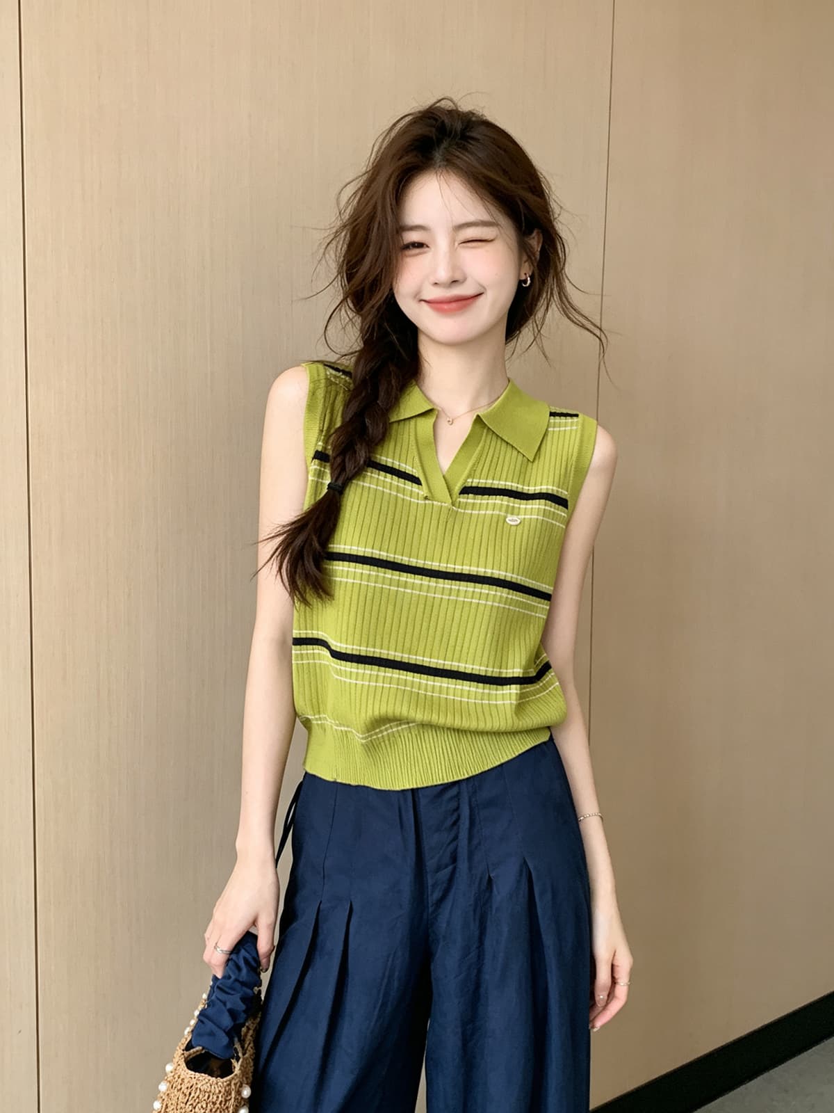 한 부서 폴로 칼라 스트라이프 얼음 실크 니트 조끼 여름 외출용 작은 키 연령 감소 몸매 가꾸기 쇼트 스타일 민소매 맨위 여성 이미지 2