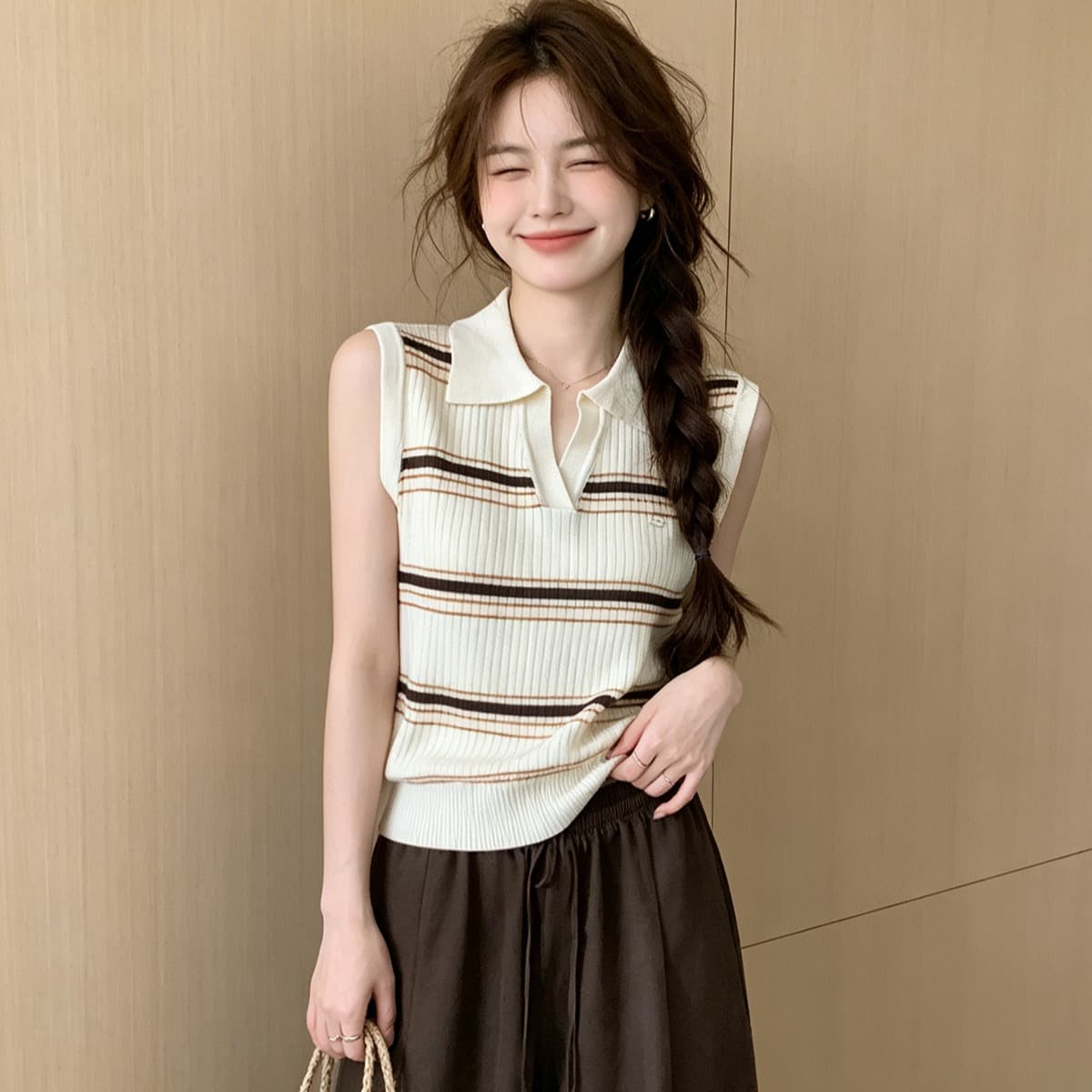 한 부서 폴로 칼라 스트라이프 얼음 실크 니트 조끼 여름 외출용 작은 키 연령 감소 몸매 가꾸기 쇼트 스타일 민소매 맨위 여성 이미지 5