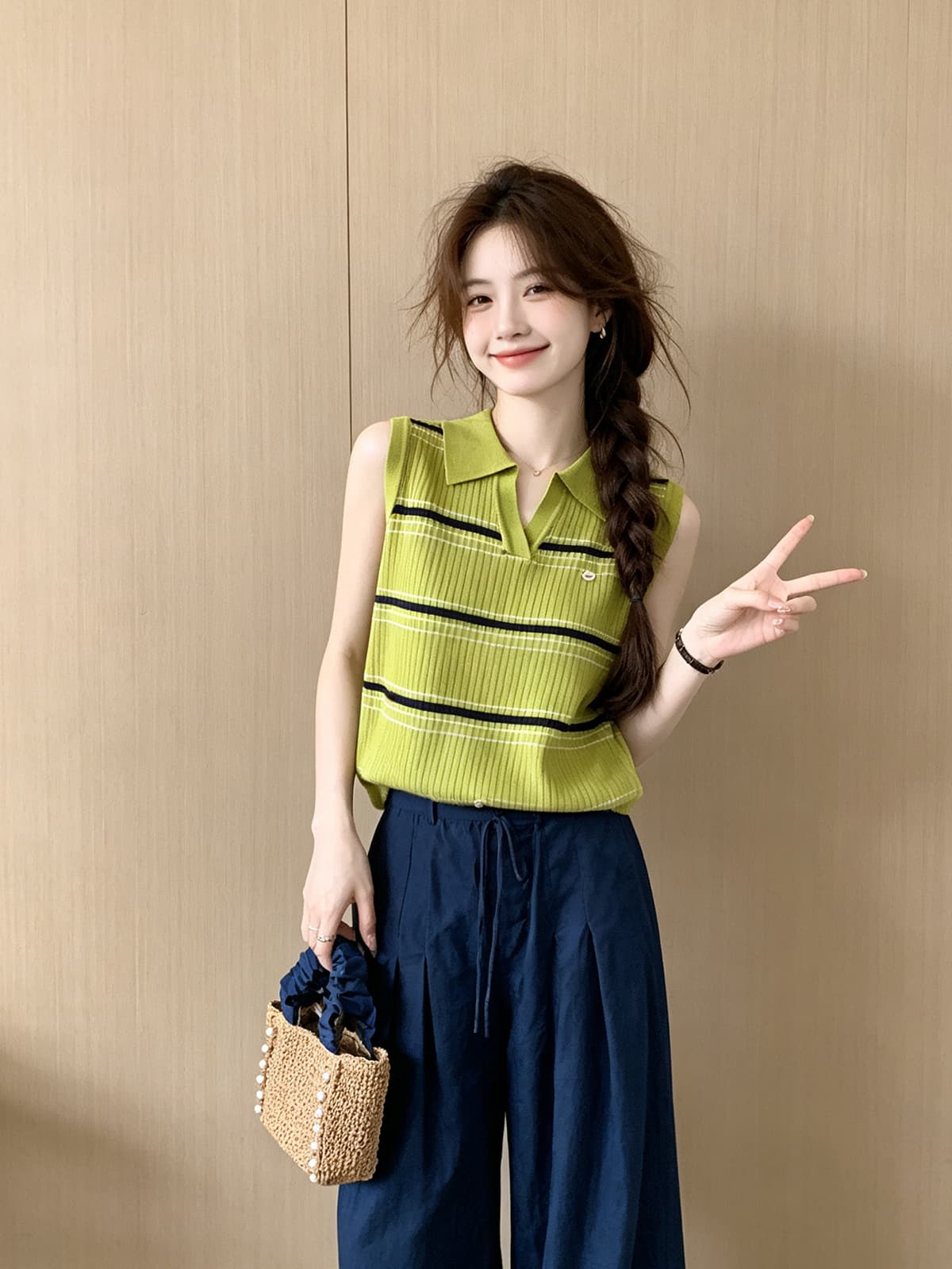 한 부서 폴로 칼라 스트라이프 얼음 실크 니트 조끼 여름 외출용 작은 키 연령 감소 몸매 가꾸기 쇼트 스타일 민소매 맨위 여성 상세 이미지 8