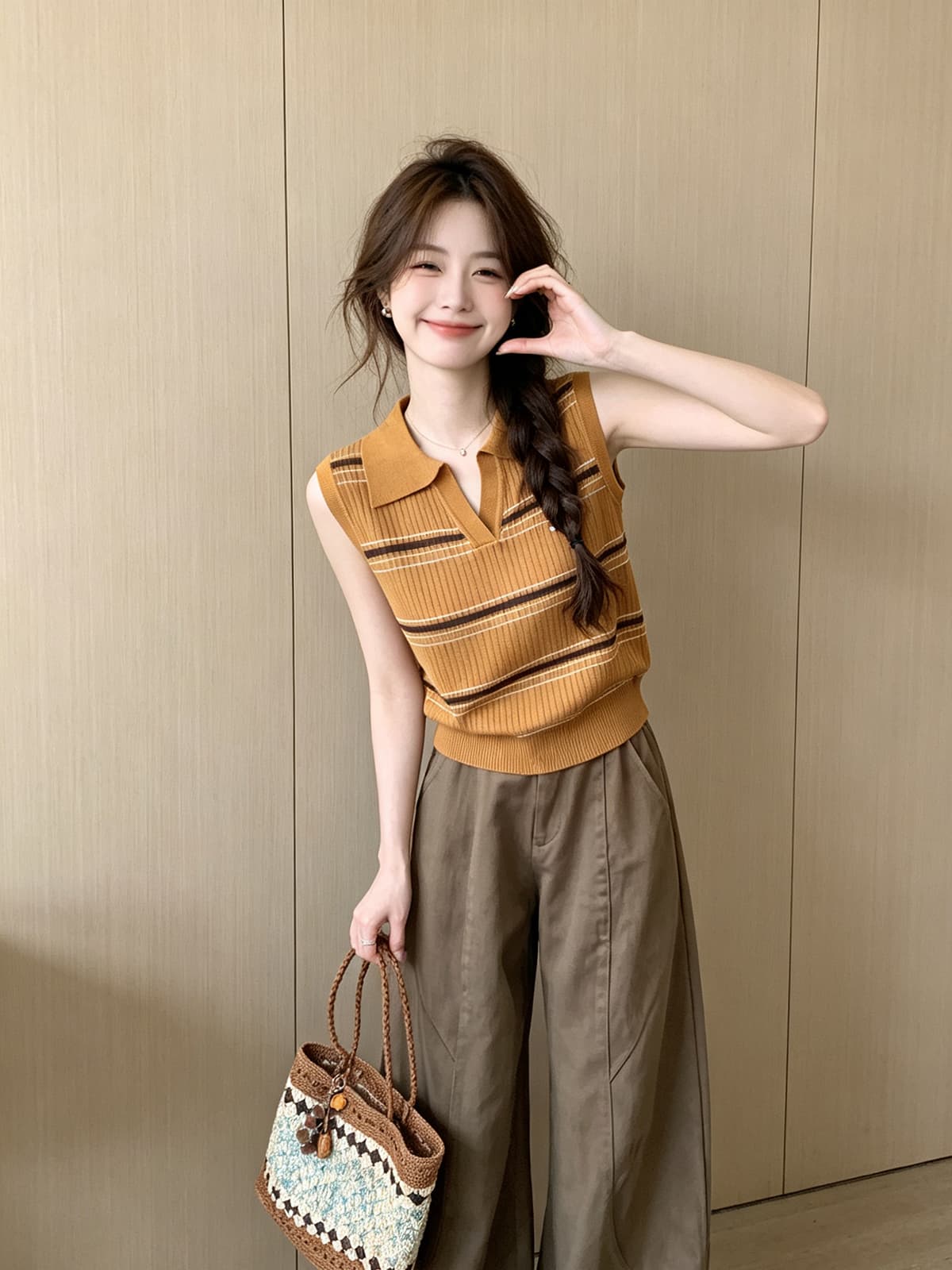 한 부서 폴로 칼라 스트라이프 얼음 실크 니트 조끼 여름 외출용 작은 키 연령 감소 몸매 가꾸기 쇼트 스타일 민소매 맨위 여성 상세 이미지 9