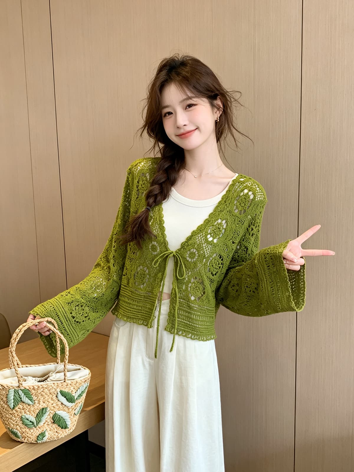 문예 바람 레트로 홀로우 아웃 자수 레이스업 니트 카디건 코트 구덩이 기사 투피스 조끼 여름 휴가 세트 이미지 3