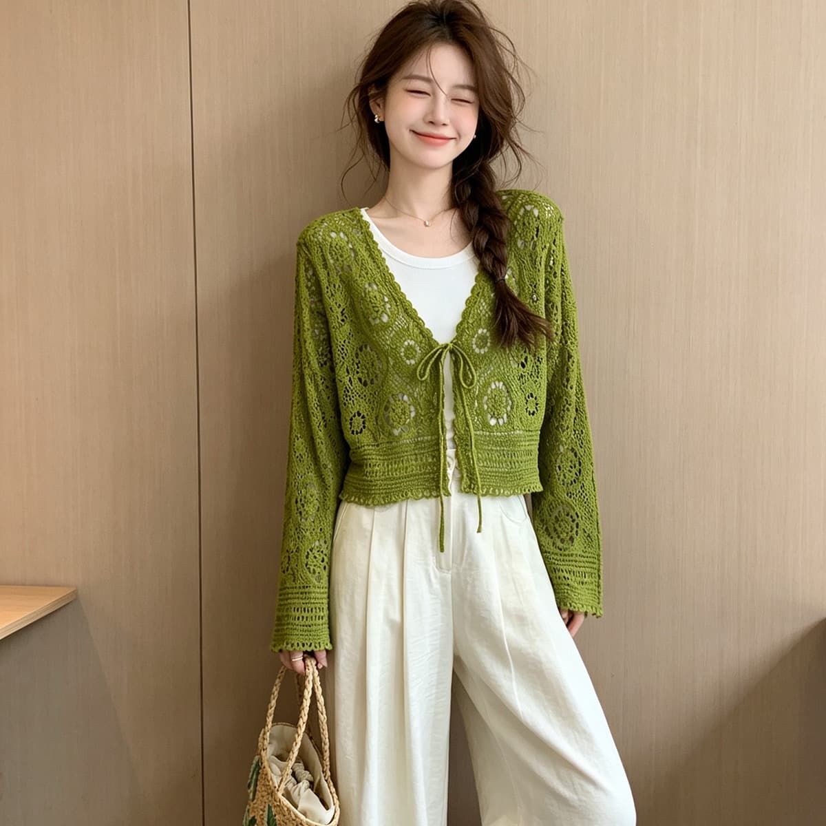 문예 바람 레트로 홀로우 아웃 자수 레이스업 니트 카디건 코트 구덩이 기사 투피스 조끼 여름 휴가 세트 이미지 5