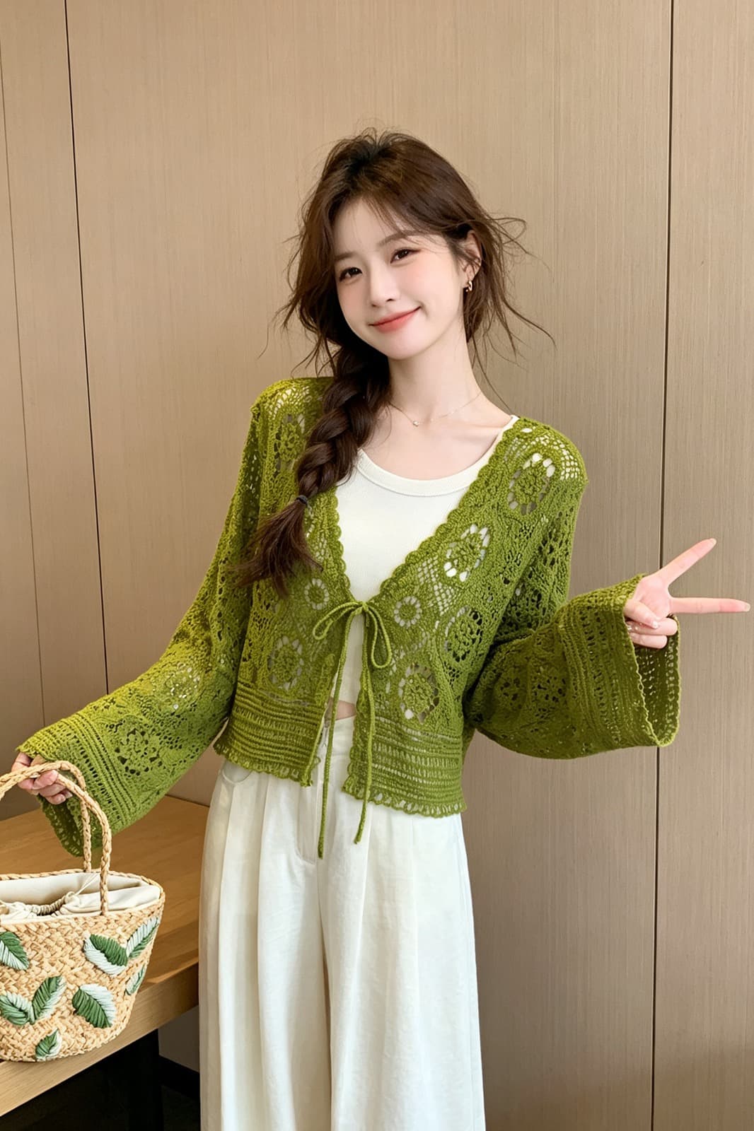 문예 바람 레트로 홀로우 아웃 자수 레이스업 니트 카디건 코트 구덩이 기사 투피스 조끼 여름 휴가 세트 이미지 6