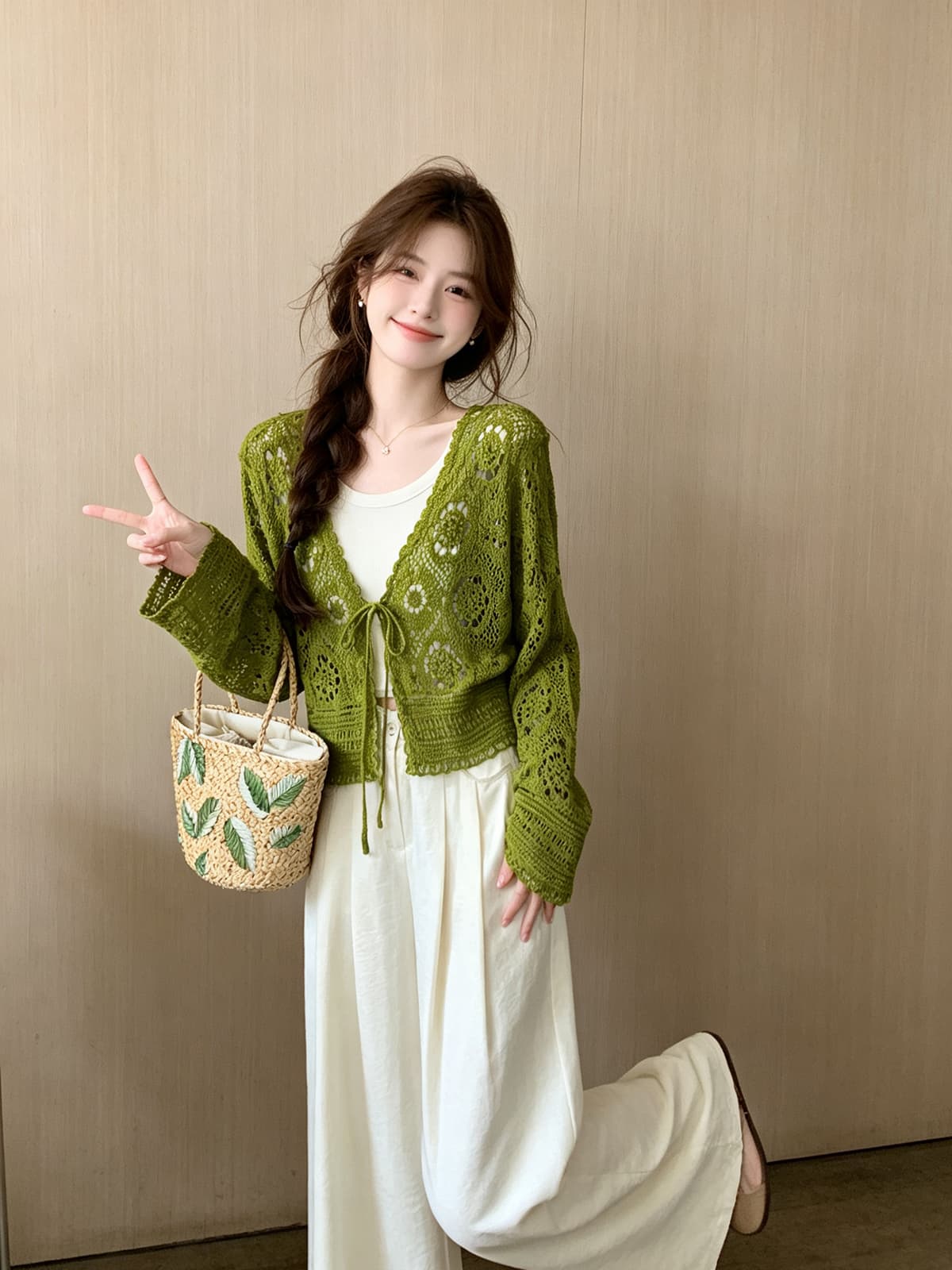문예 바람 레트로 홀로우 아웃 자수 레이스업 니트 카디건 코트 구덩이 기사 투피스 조끼 여름 휴가 세트 상세 이미지 6