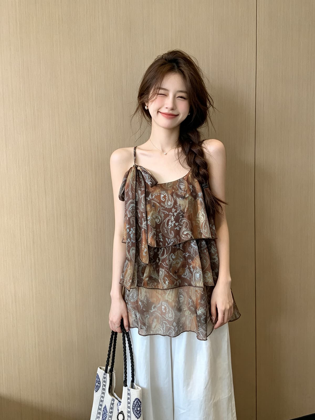 태국 바람 레트로 연령 감소 품격 꽃무늬 슬립 드레스 여성 여름 새로운 한 부서 휴가 리본 케이크 드레스 이미지 3