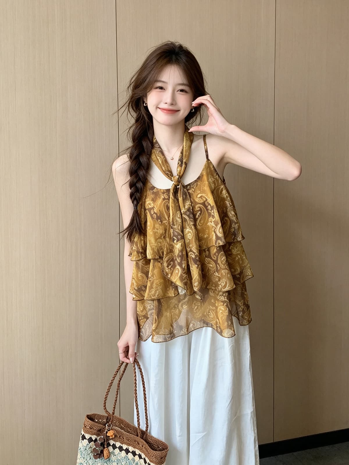 태국 바람 레트로 연령 감소 품격 꽃무늬 슬립 드레스 여성 여름 새로운 한 부서 휴가 리본 케이크 드레스 상세 이미지 6