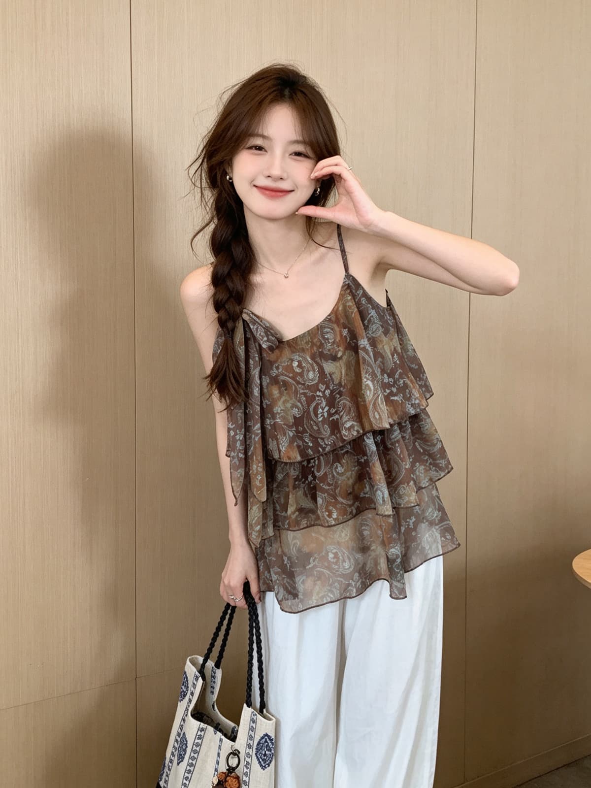 태국 바람 레트로 연령 감소 품격 꽃무늬 슬립 드레스 여성 여름 새로운 한 부서 휴가 리본 케이크 드레스 상세 이미지 8