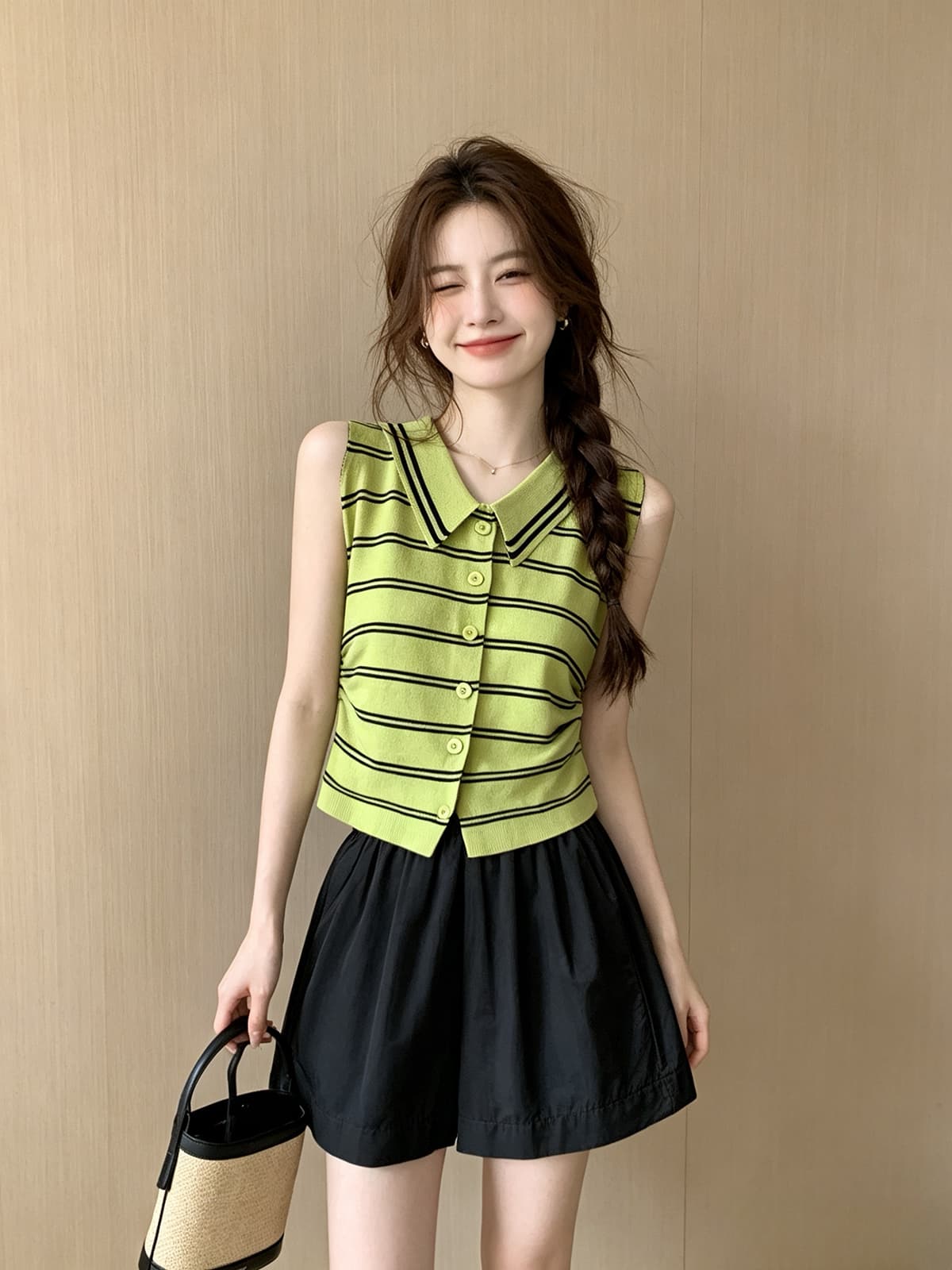 한 부서 순수한 욕망 바람 배색 스트라이프 POLO 칼라 민소매 니트 스웨터 여성 여름 새로운 몸매 가꾸기 외출용 슬림해 보이는 맨위 이미지 2
