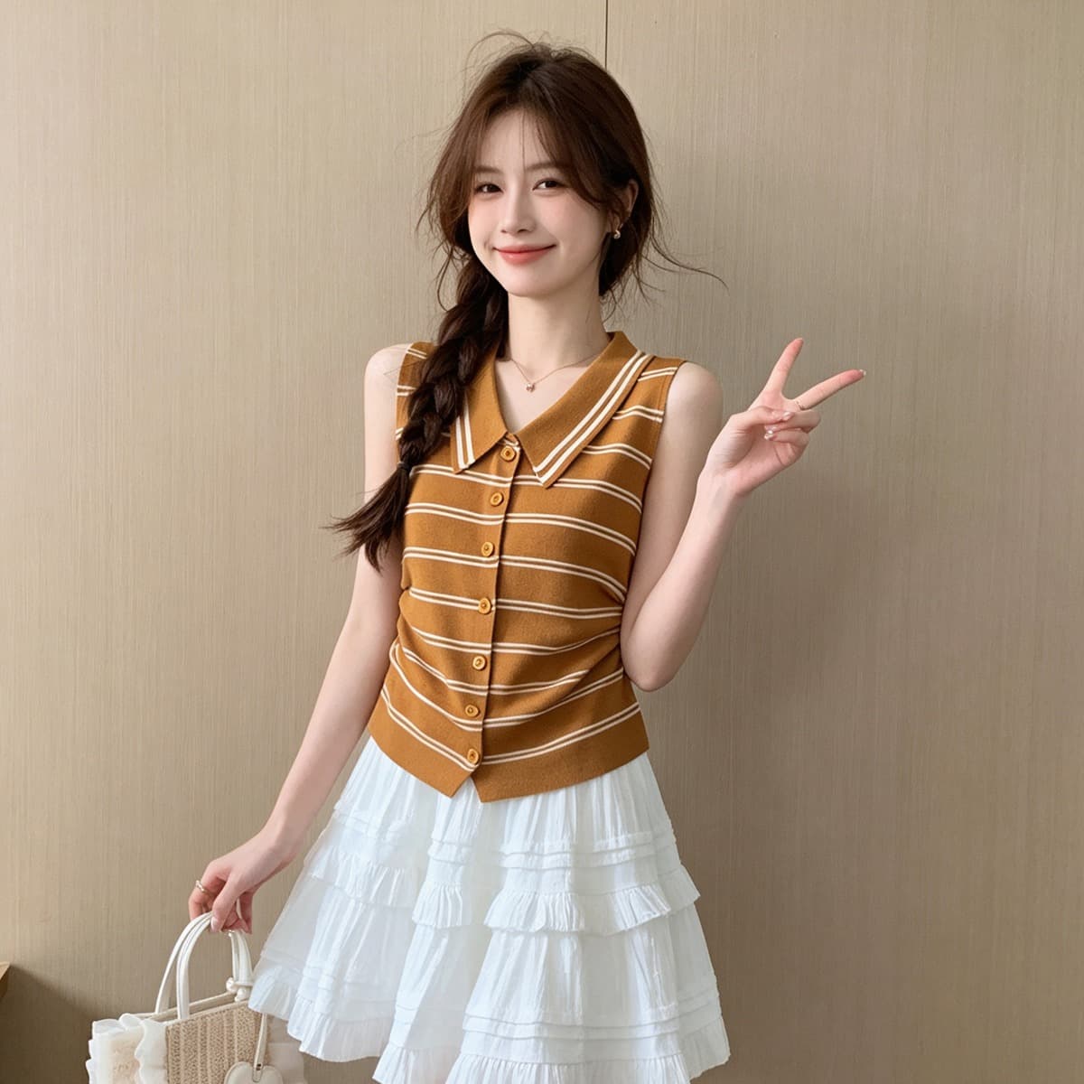 한 부서 순수한 욕망 바람 배색 스트라이프 POLO 칼라 민소매 니트 스웨터 여성 여름 새로운 몸매 가꾸기 외출용 슬림해 보이는 맨위 이미지 5