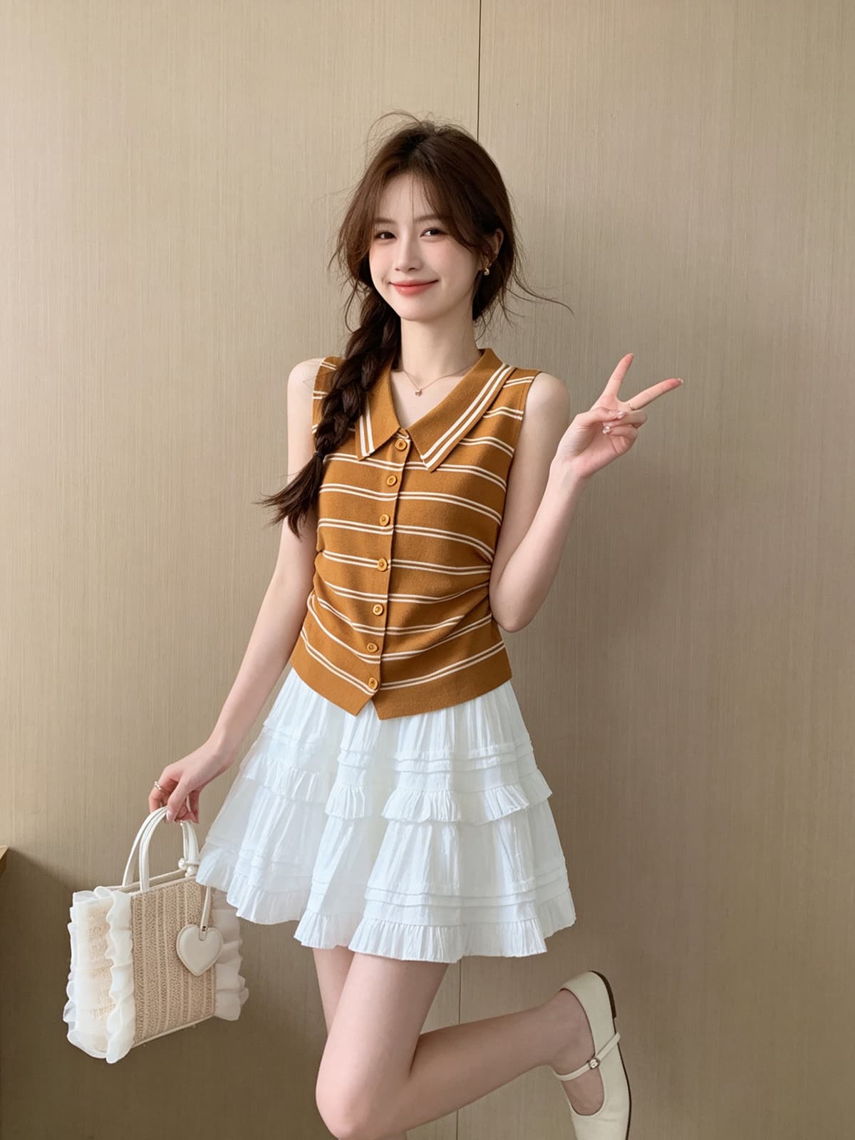 한 부서 순수한 욕망 바람 배색 스트라이프 POLO 칼라 민소매 니트 스웨터 여성 여름 새로운 몸매 가꾸기 외출용 슬림해 보이는 맨위 상세 이미지 3