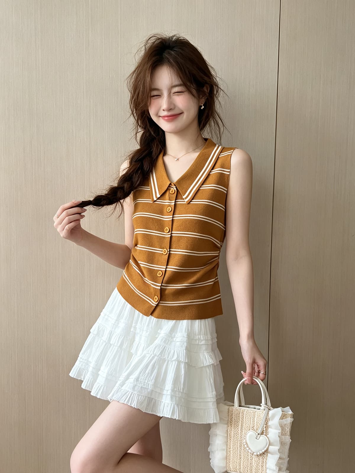 한 부서 순수한 욕망 바람 배색 스트라이프 POLO 칼라 민소매 니트 스웨터 여성 여름 새로운 몸매 가꾸기 외출용 슬림해 보이는 맨위 상세 이미지 4