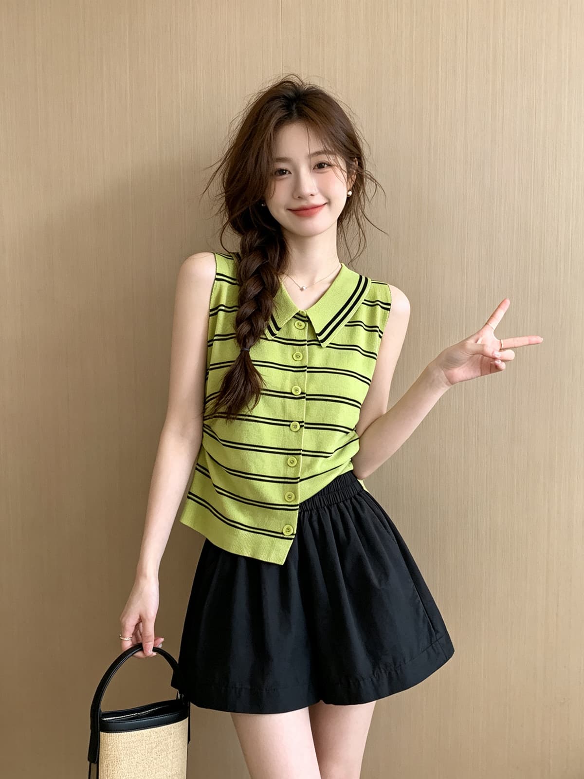 한 부서 순수한 욕망 바람 배색 스트라이프 POLO 칼라 민소매 니트 스웨터 여성 여름 새로운 몸매 가꾸기 외출용 슬림해 보이는 맨위 상세 이미지 8
