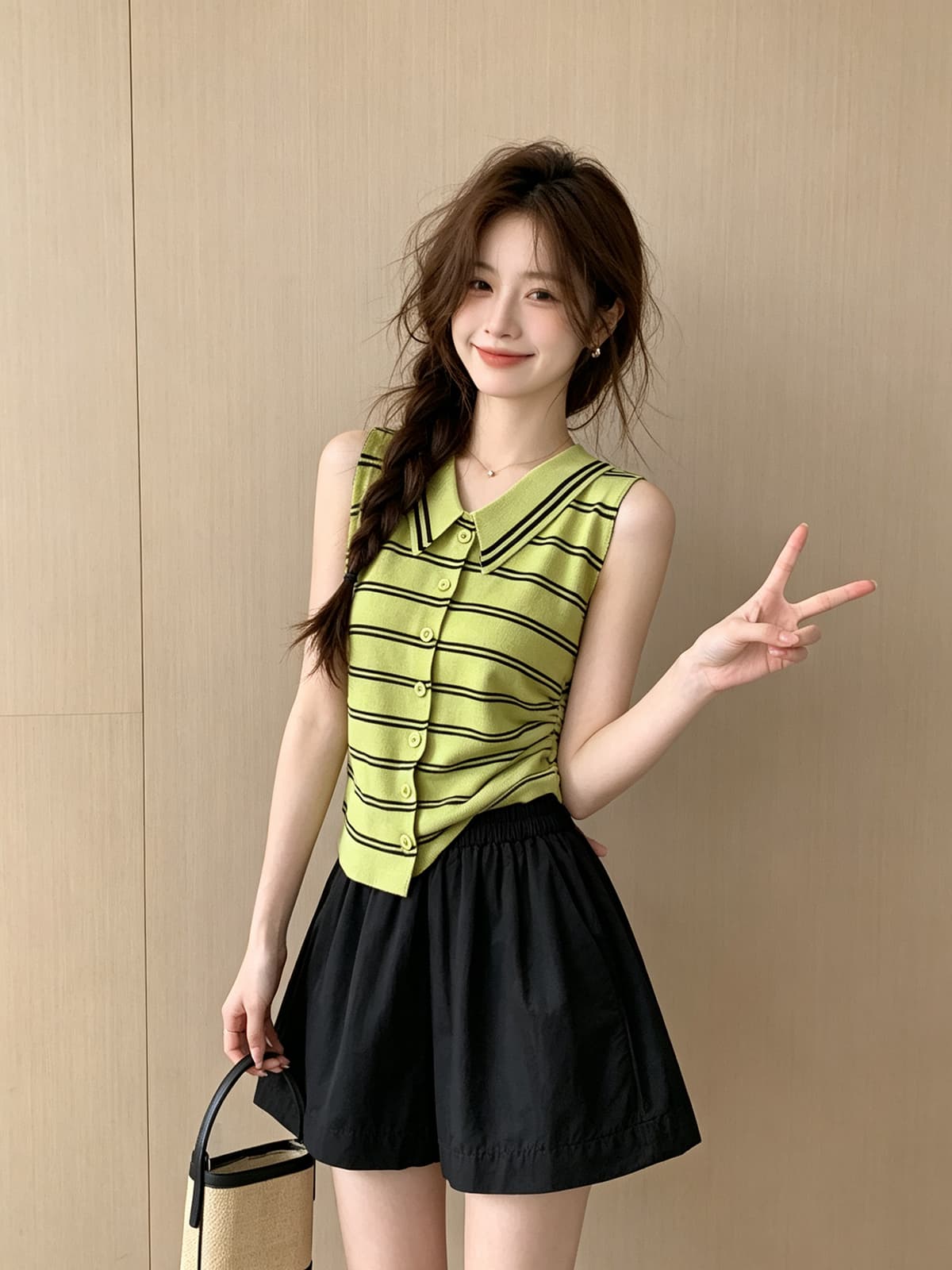 한 부서 순수한 욕망 바람 배색 스트라이프 POLO 칼라 민소매 니트 스웨터 여성 여름 새로운 몸매 가꾸기 외출용 슬림해 보이는 맨위 상세 이미지 10