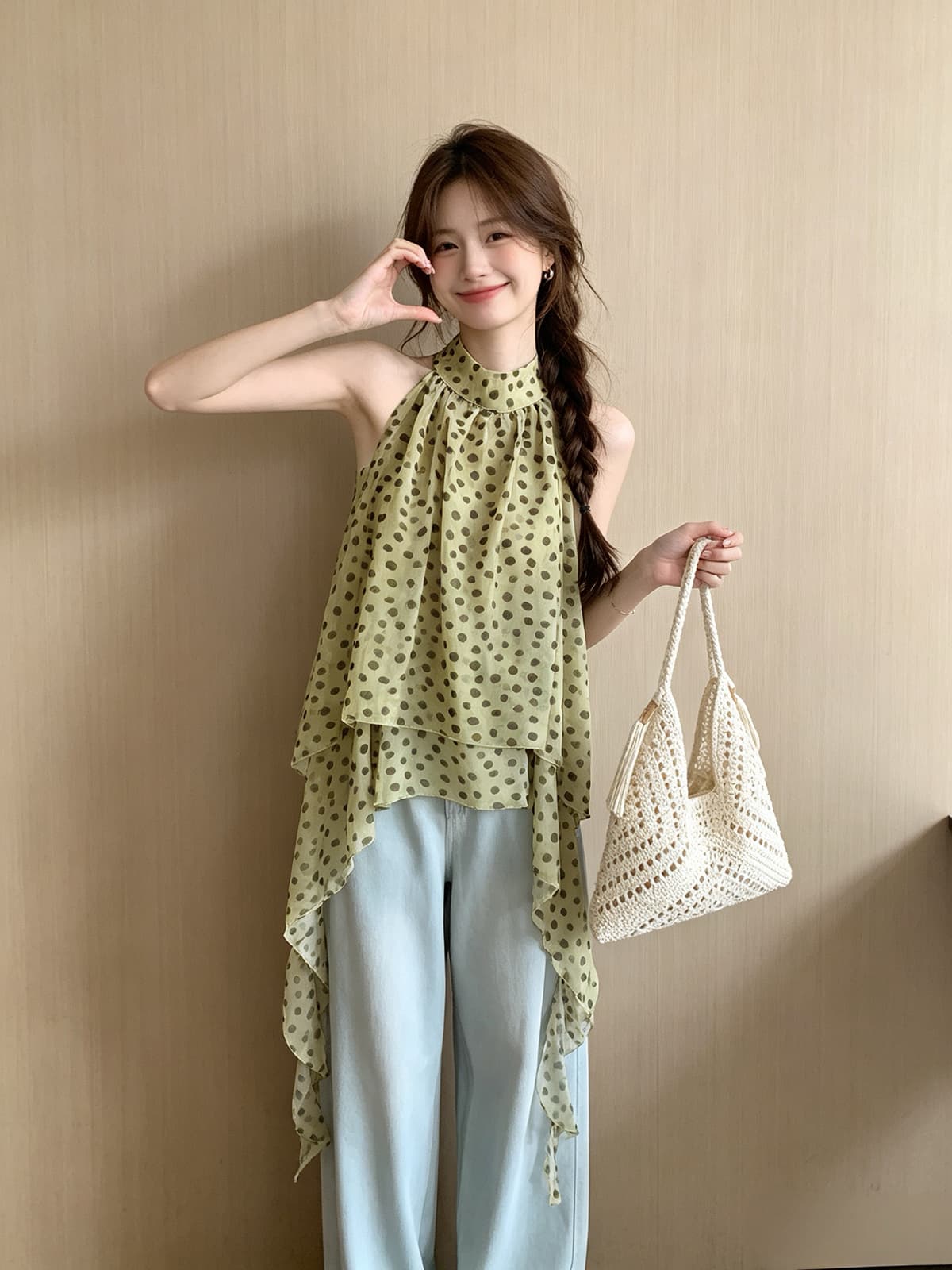 한 부서 행침 목 도트 무늬 시폰 셔츠 여성 여름 불규칙 백리스 민소매 맨위 디자인 센스 작은 대중 품격 슬립 트렌디 이미지 2