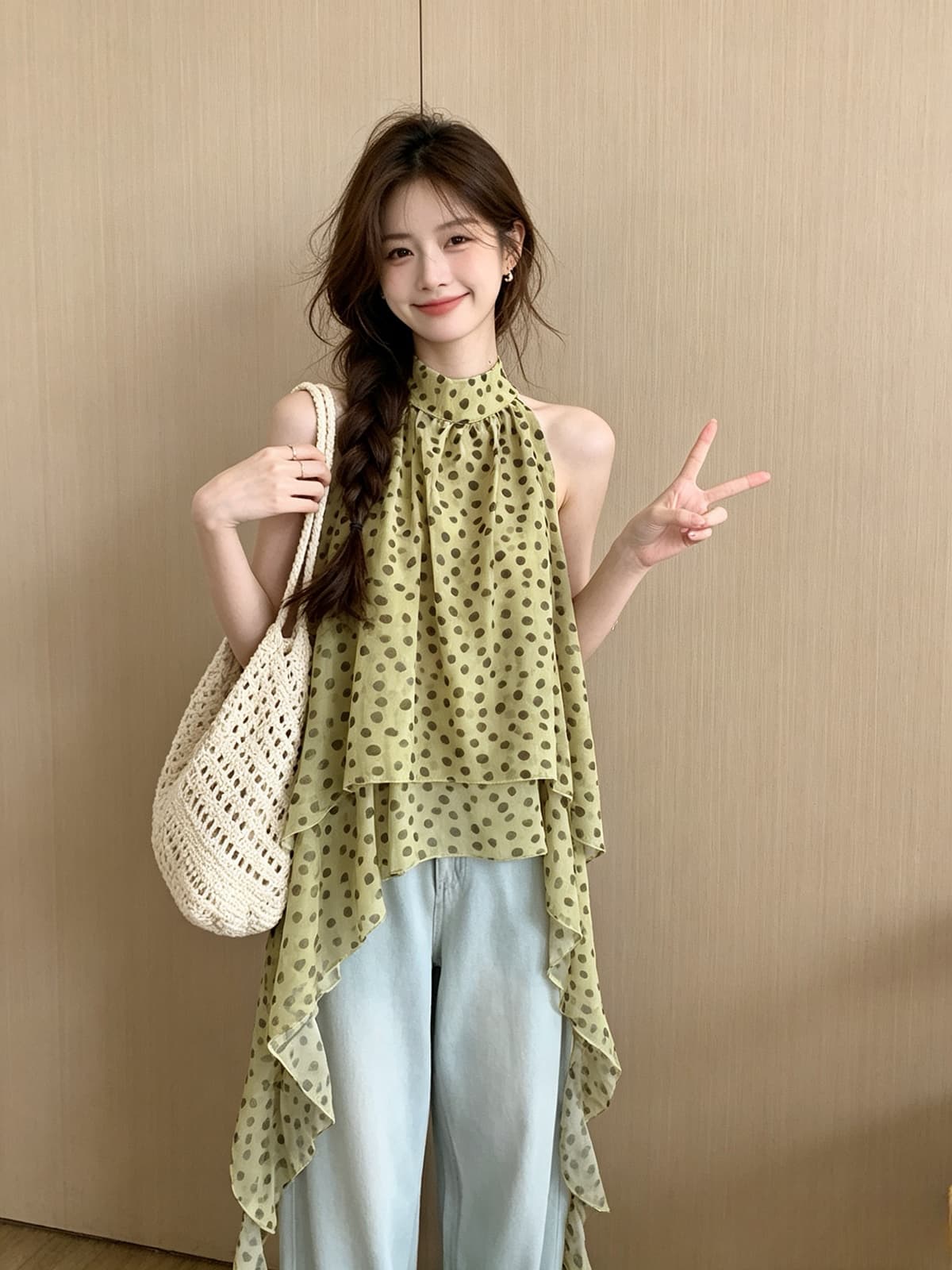 한 부서 행침 목 도트 무늬 시폰 셔츠 여성 여름 불규칙 백리스 민소매 맨위 디자인 센스 작은 대중 품격 슬립 트렌디 이미지 3