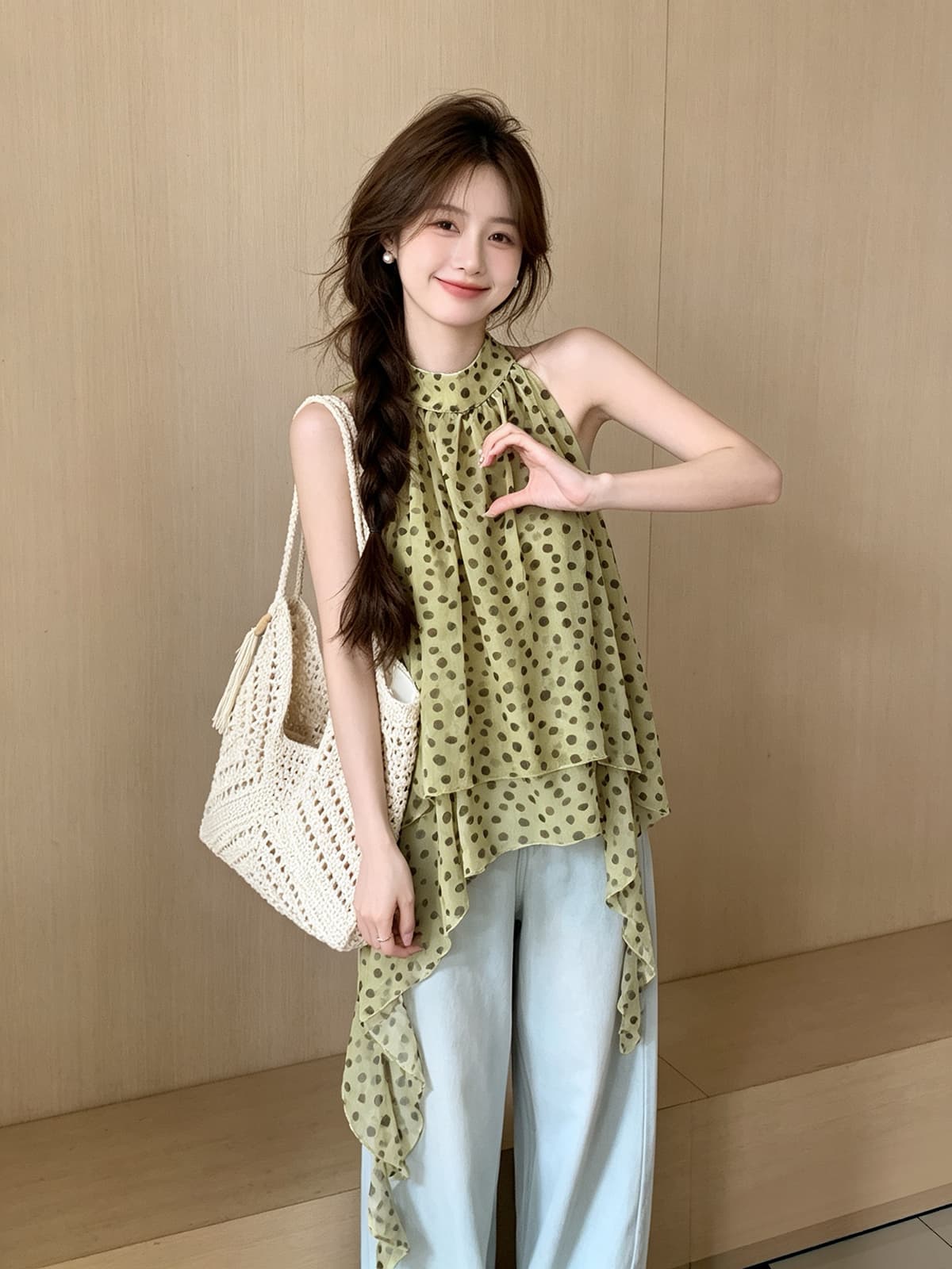 한 부서 행침 목 도트 무늬 시폰 셔츠 여성 여름 불규칙 백리스 민소매 맨위 디자인 센스 작은 대중 품격 슬립 트렌디 상세 이미지 6