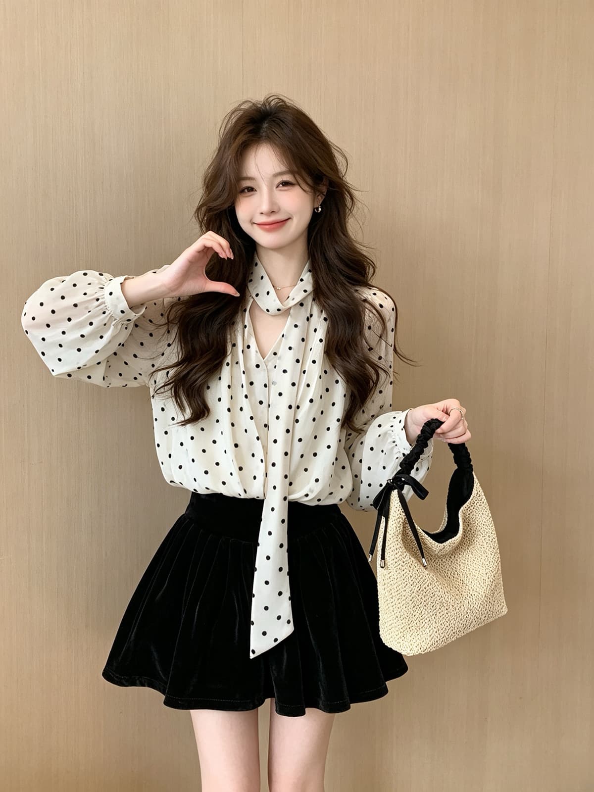 프랑스식 도트 무늬 리본 V넥 긴팔 여성 셔츠 가을 겨울 순수한 욕망 바람 스택 착용 고급 센스 명문 여성 쉬폰 블라우스 맨위