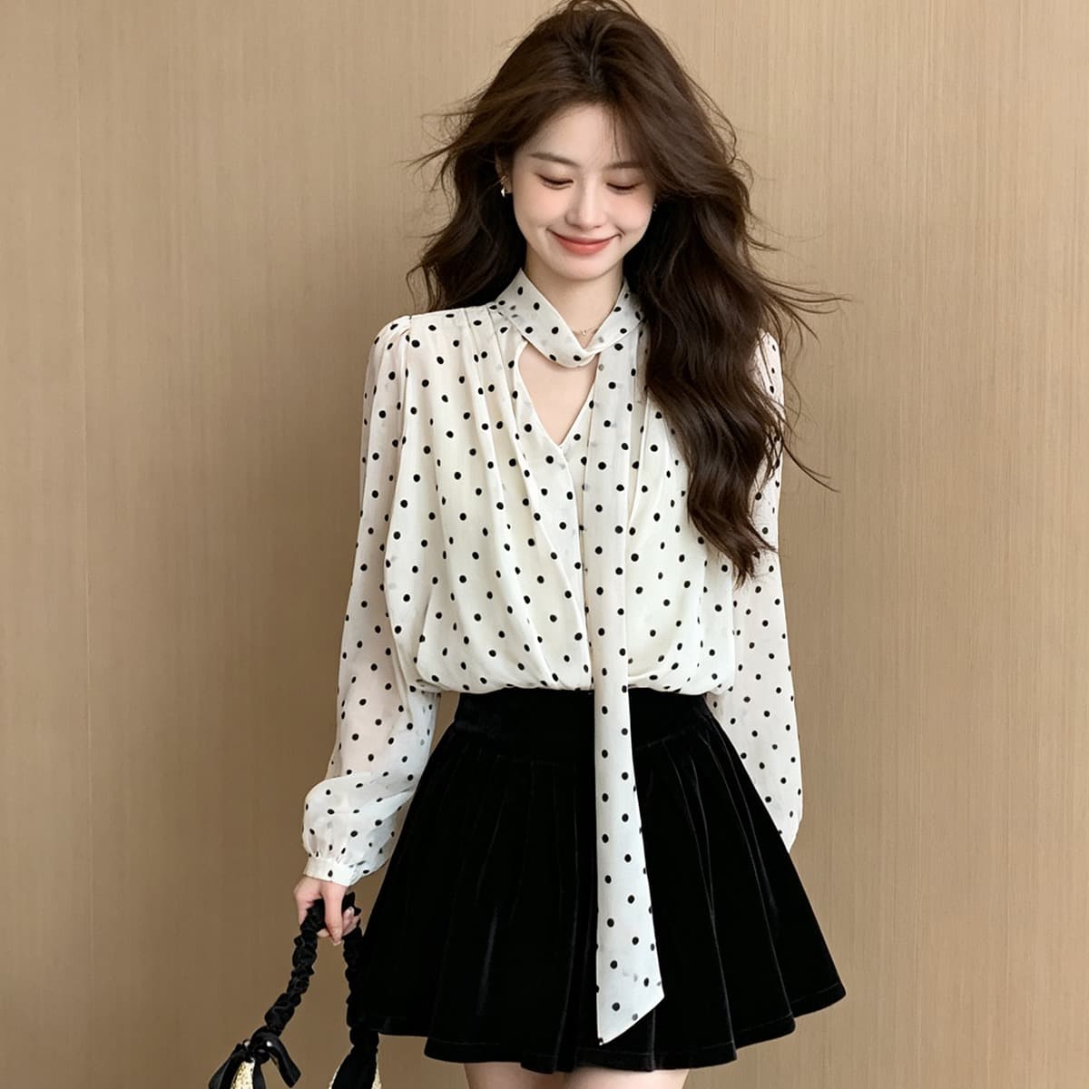 프랑스식 도트 무늬 리본 V넥 긴팔 여성 셔츠 가을 겨울 순수한 욕망 바람 스택 착용 고급 센스 명문 여성 쉬폰 블라우스 맨위 이미지 5